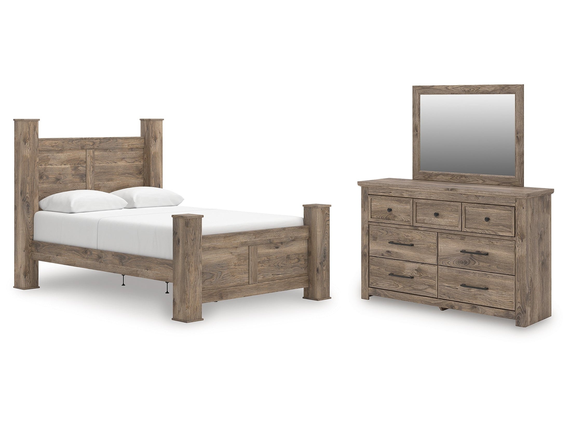 Rusticott Brown Queen Poster Bed, Dresser and Mirror