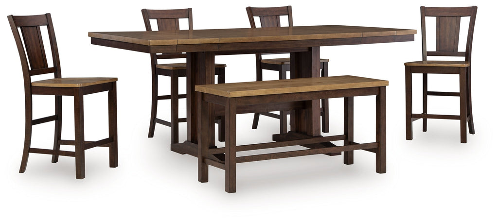 Rylandeen Light /Dark Counter Height Extension Dining Table 4 Barstools and Bench, Brown