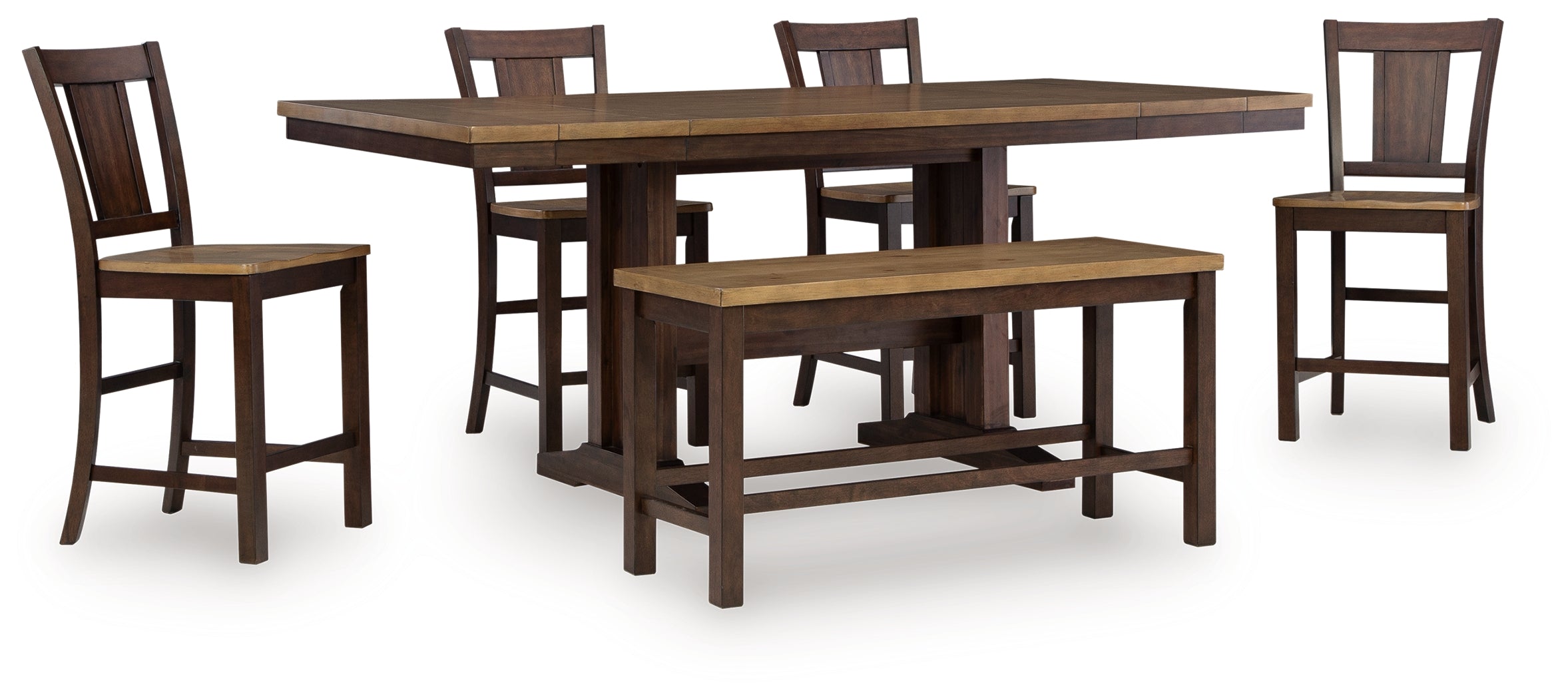 Rylandeen Light /Dark Counter Height Extension Dining Table 4 Barstools and Bench, Brown