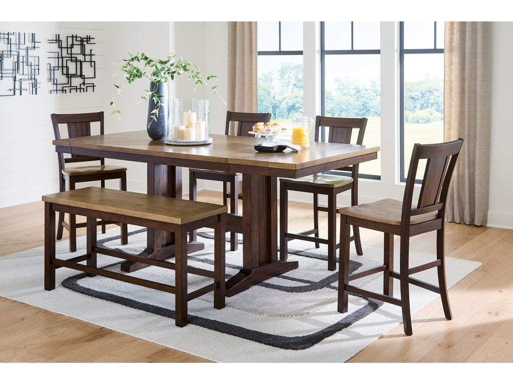 Rylandeen Light /Dark Counter Height Extension Dining Table 4 Barstools and Bench, Brown