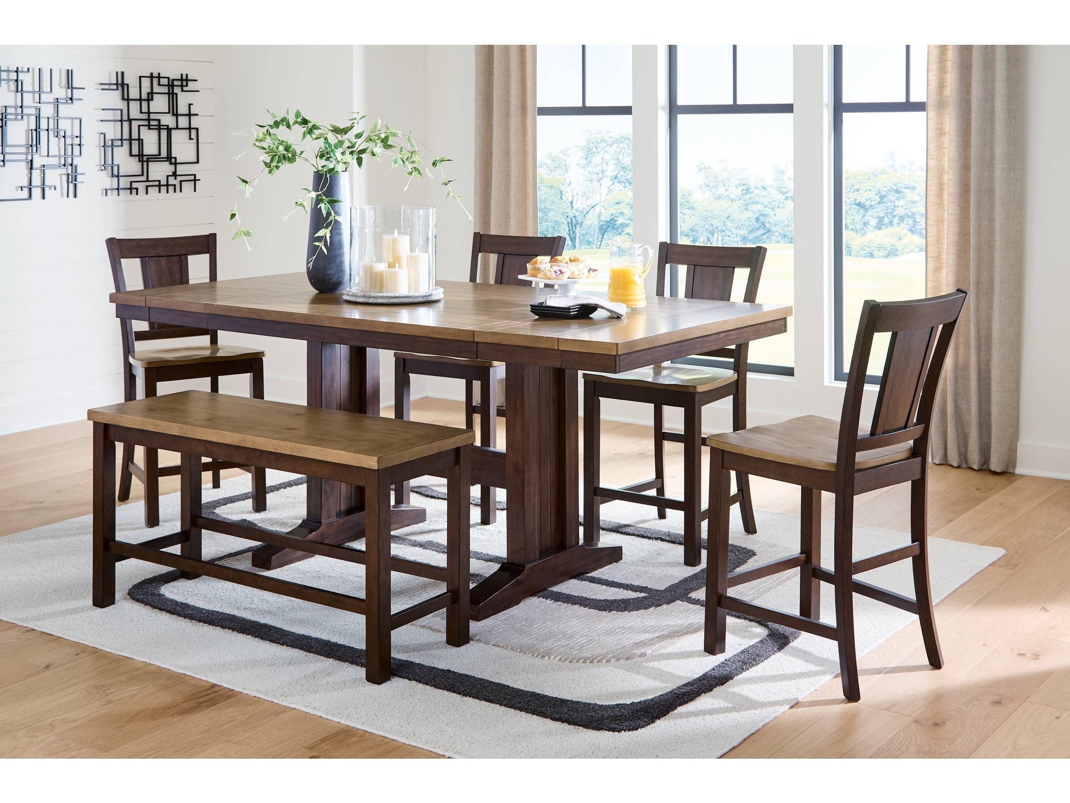 Rylandeen Light /Dark Counter Height Extension Dining Table 4 Barstools and Bench, Brown