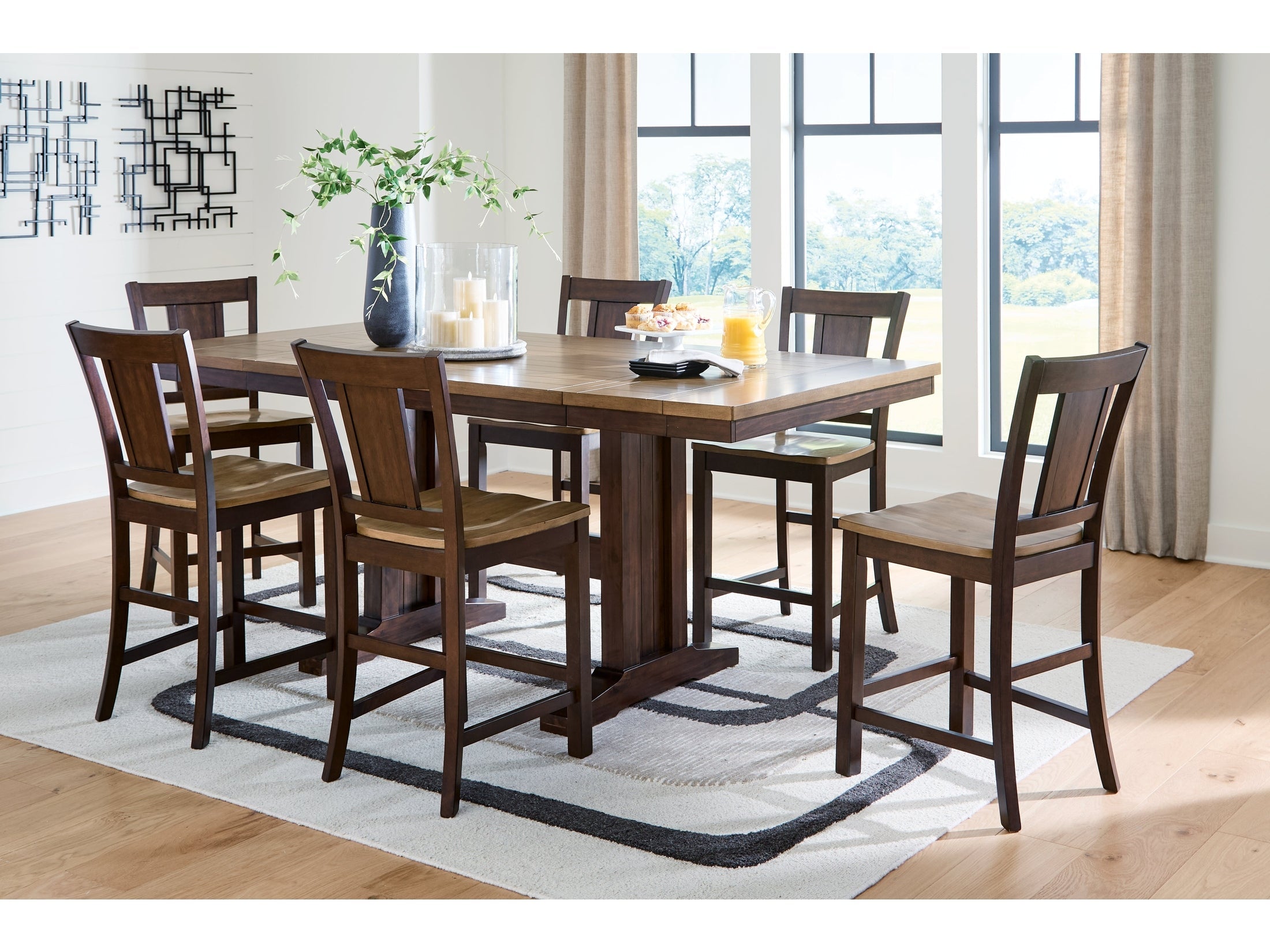 Rylandeen Light /Dark Counter Height Extension Dining Table and 6 Barstools, Brown