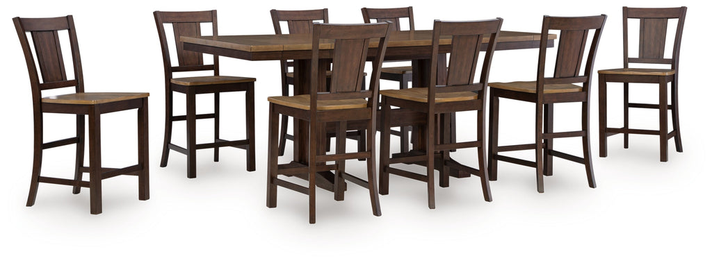 Rylandeen Light /Dark Counter Height Extension Dining Table and 8 Barstools, Brown