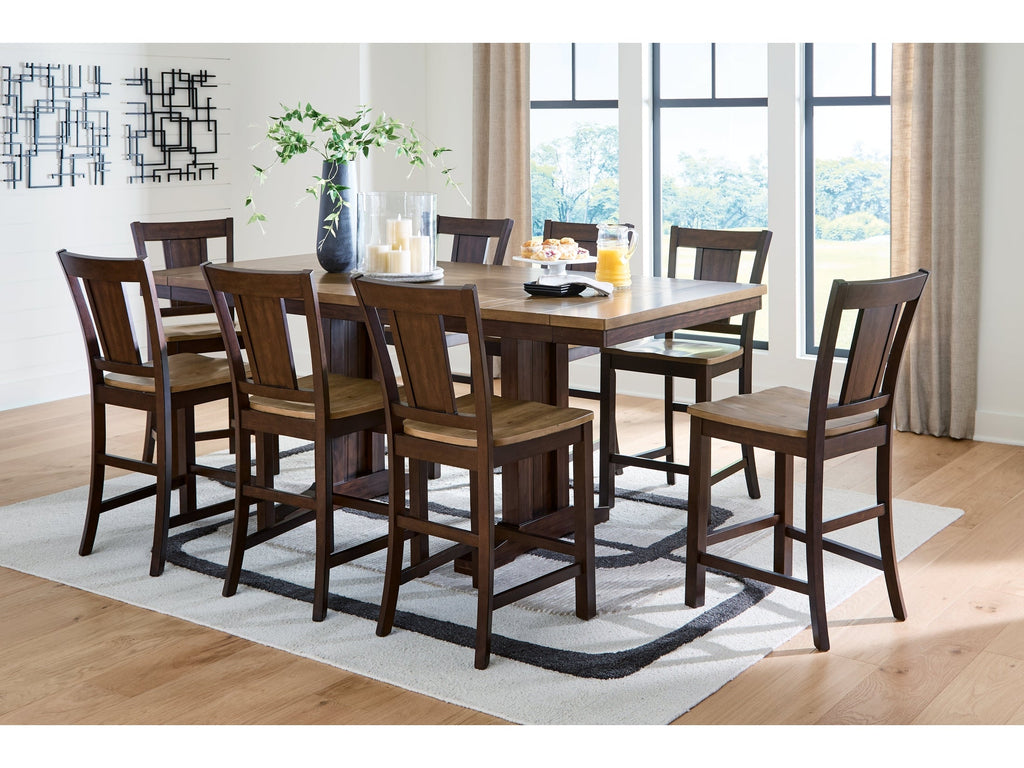 Rylandeen Light /Dark Counter Height Extension Dining Table and 8 Barstools, Brown