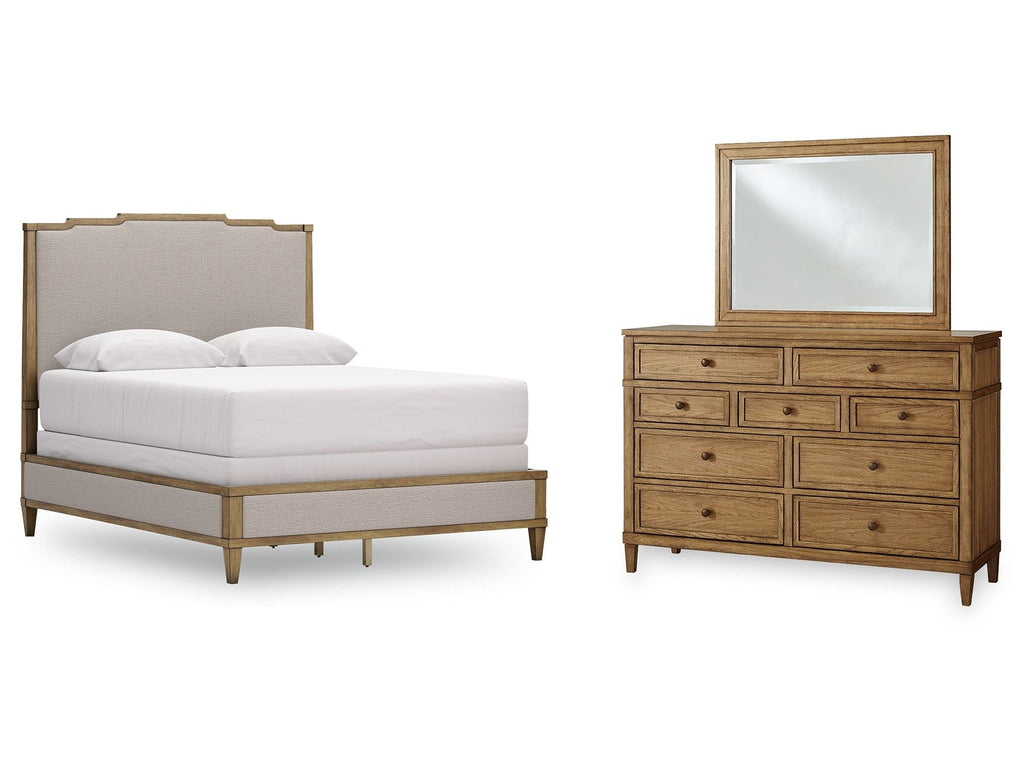 Sharlance Green/Brown Queen Upholstered Panel Bed, Dresser and Mirror