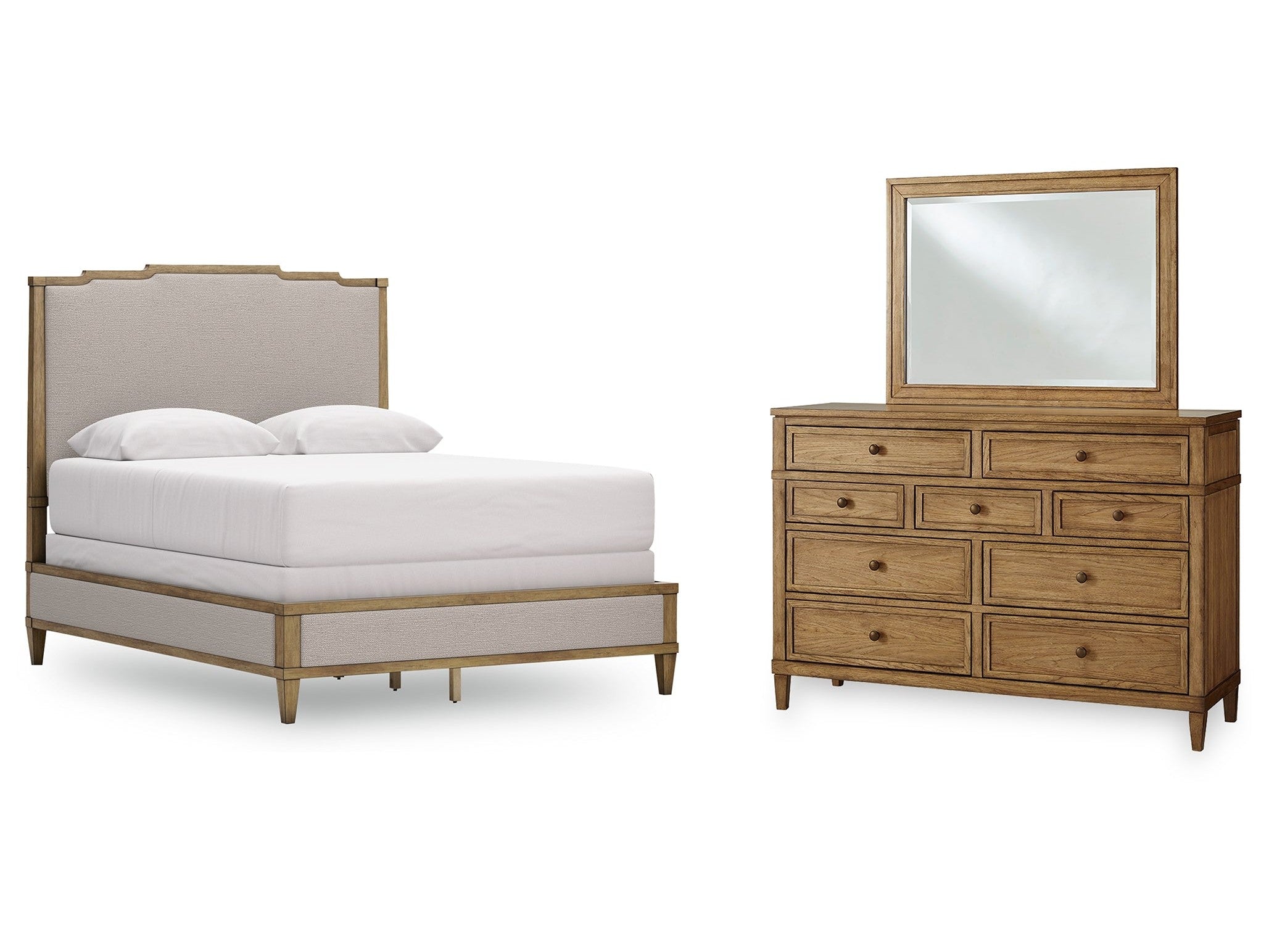 Sharlance Green/Brown Queen Upholstered Panel Bed, Dresser and Mirror