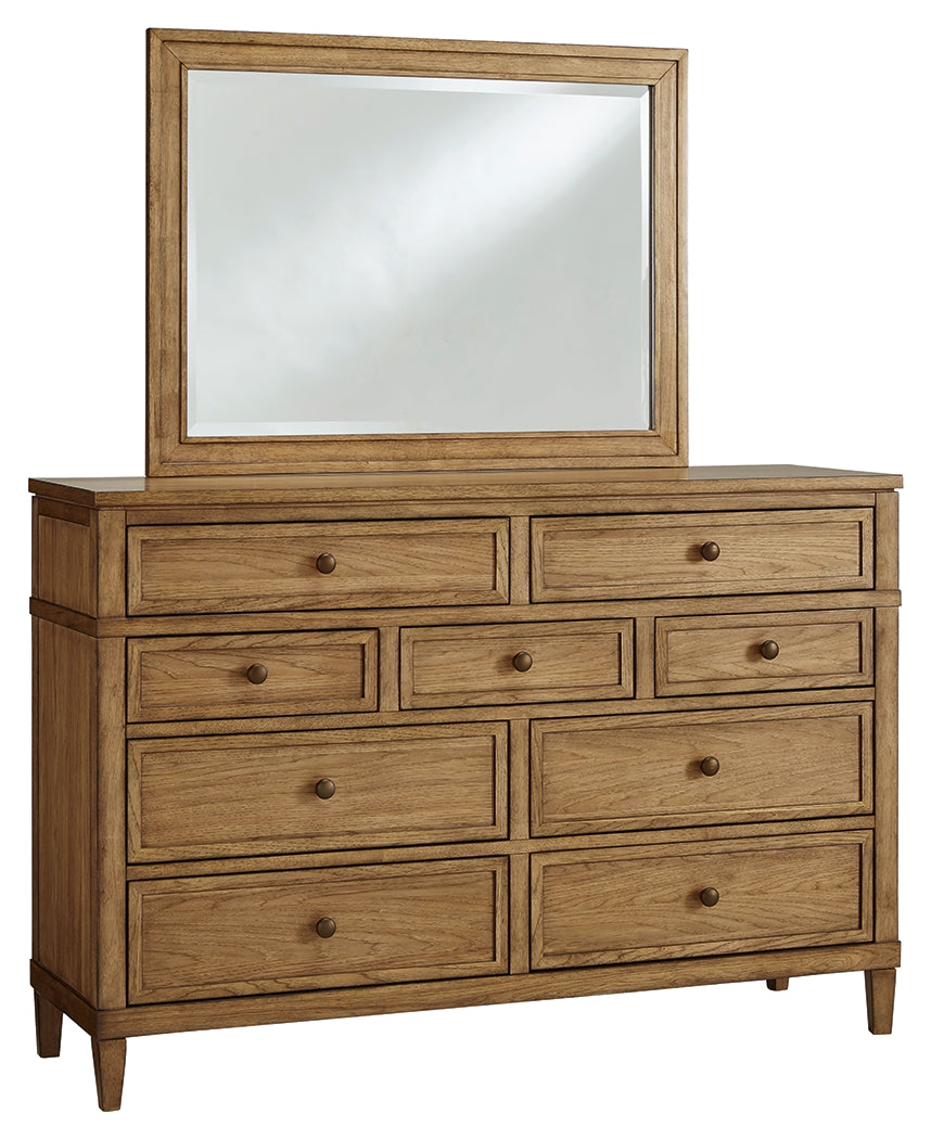 Sharlance Green/Brown Queen Upholstered Panel Bed, Dresser and Mirror
