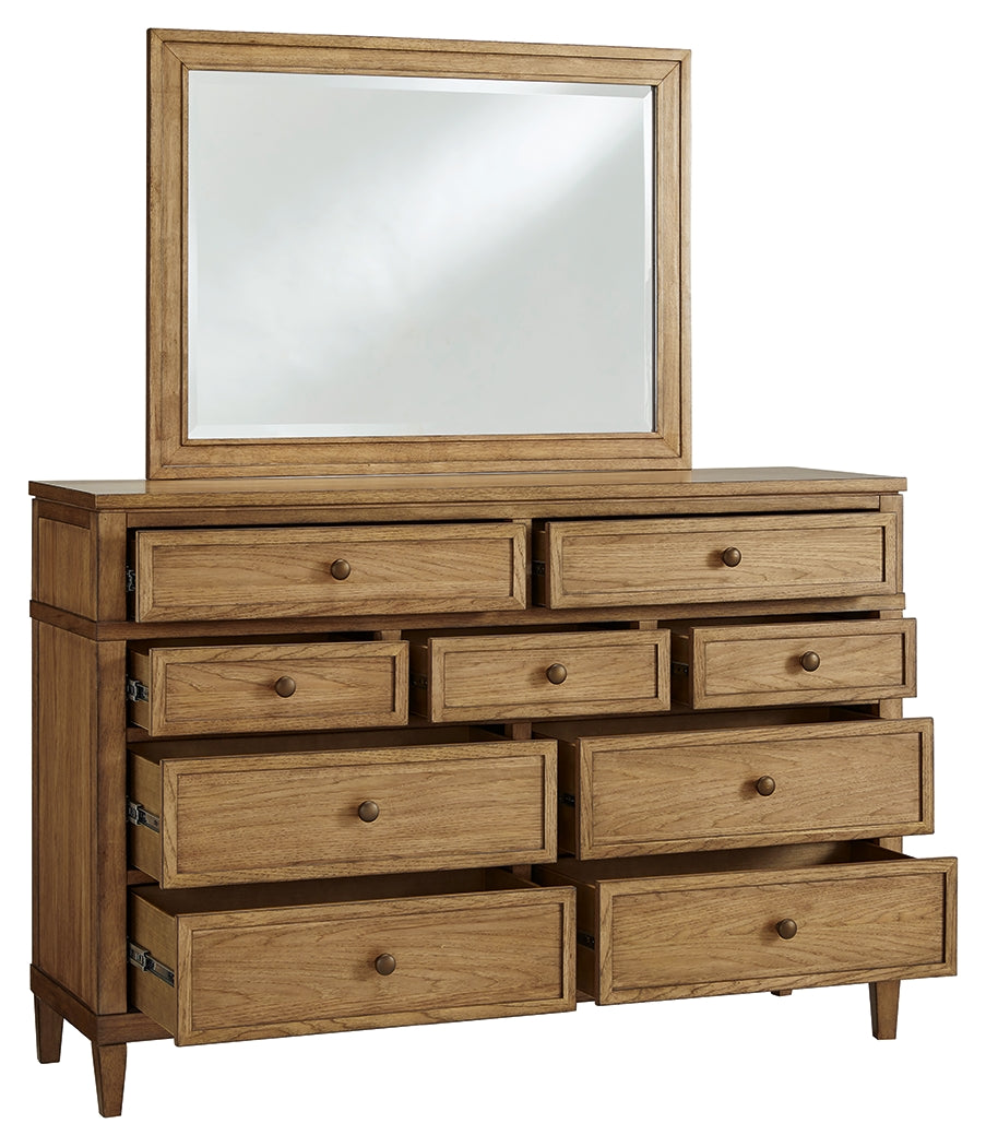 Sharlance Green/Brown Queen Upholstered Panel Bed, Dresser and Mirror