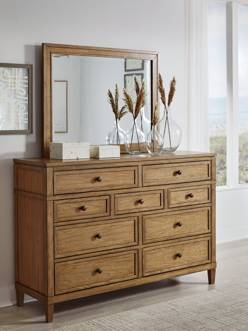 Sharlance Green/Brown Queen Upholstered Panel Bed, Dresser and Mirror