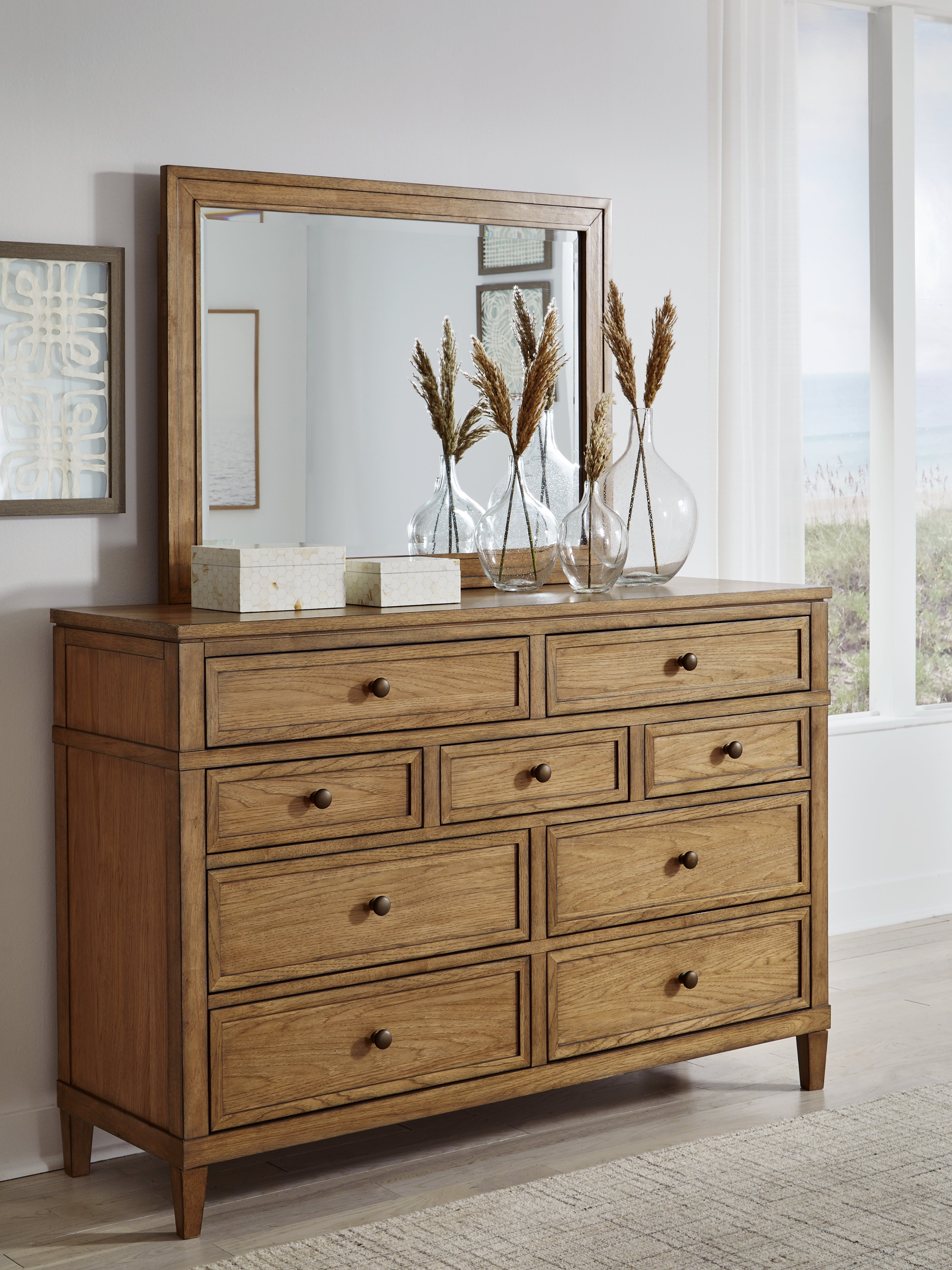 Sharlance Green/Brown Queen Upholstered Panel Bed, Dresser and Mirror