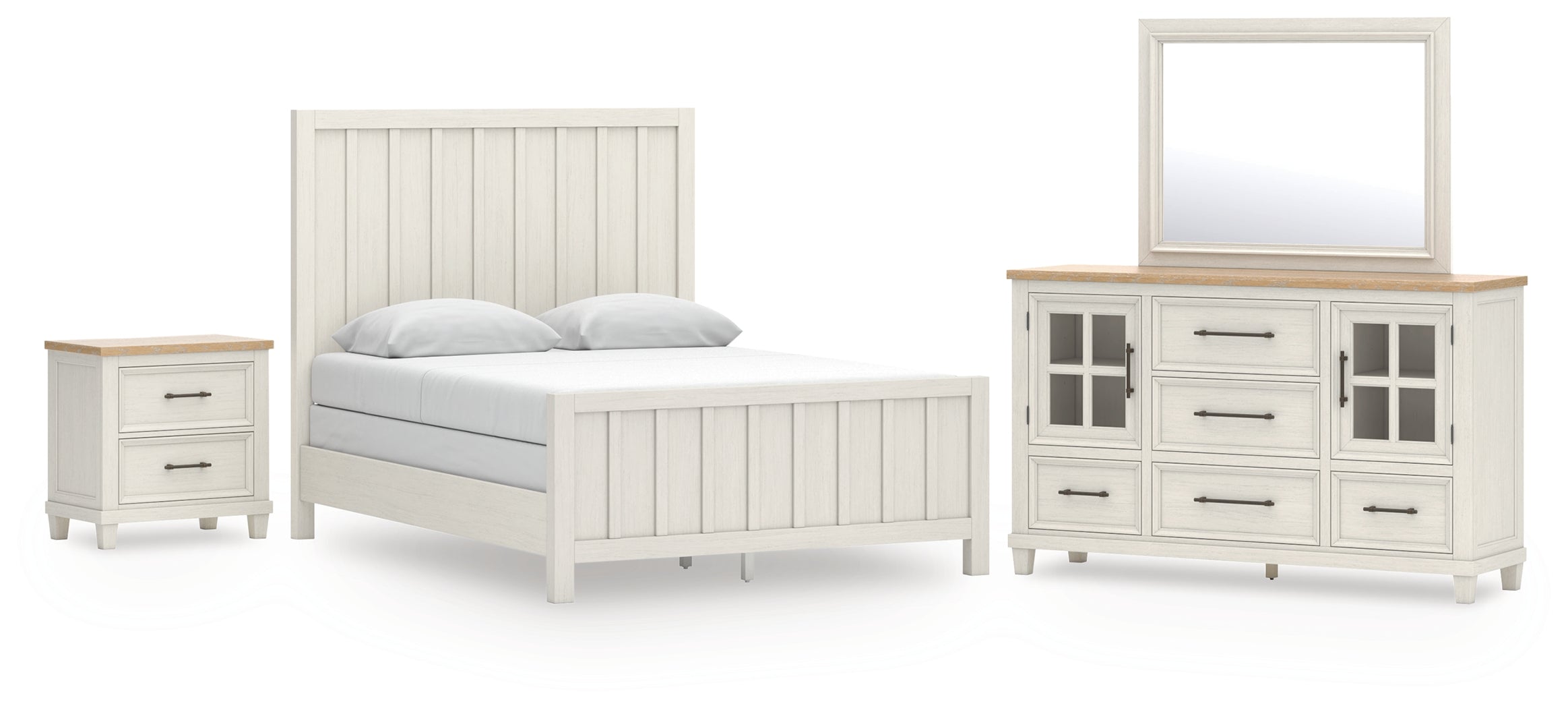 Shaybrock /Brown Queen Panel Bed, Dresser, Mirror and Nightstand, Antique White