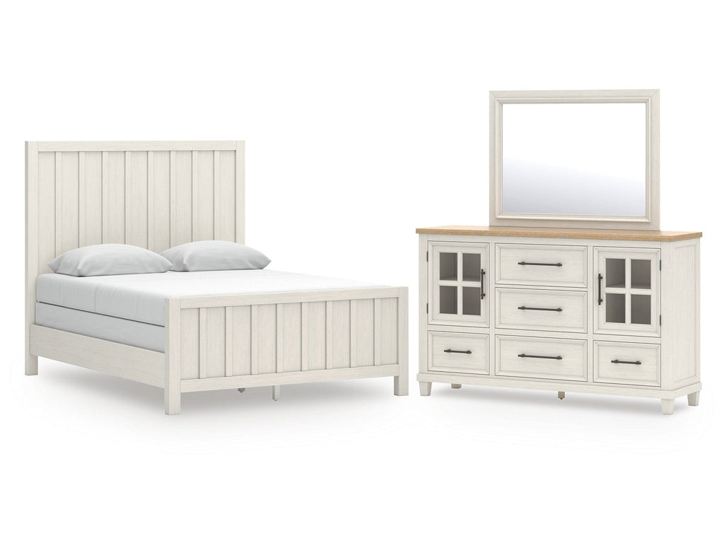 Shaybrock Antique White/Brown Queen Panel Bed, Dresser and Mirror