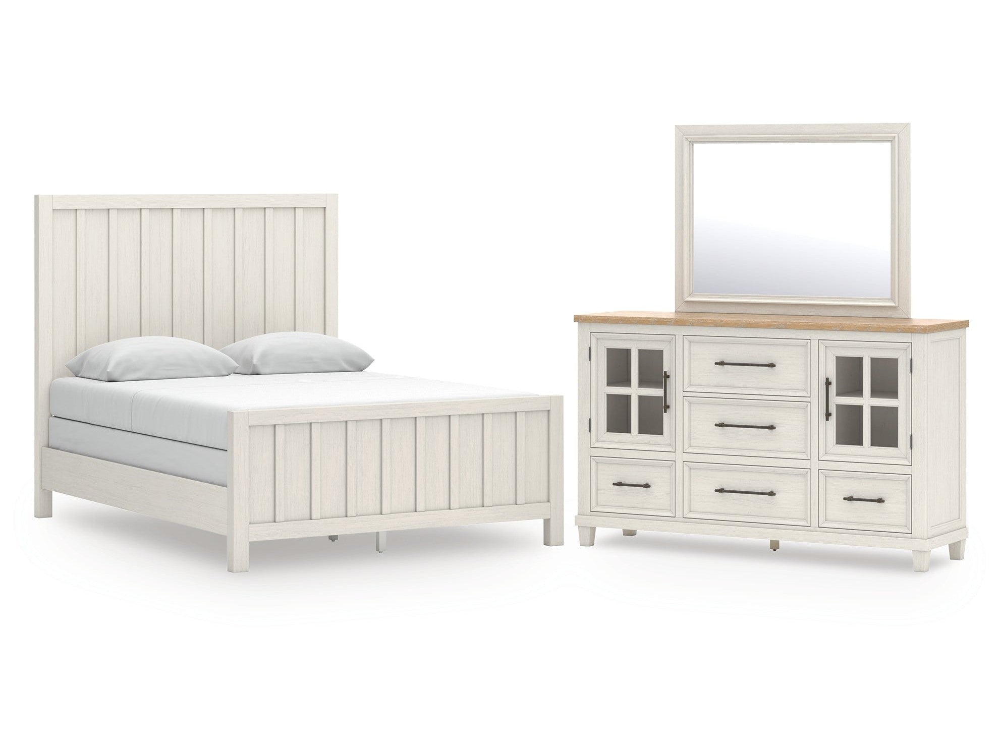 Shaybrock Antique White/Brown Queen Panel Bed, Dresser and Mirror