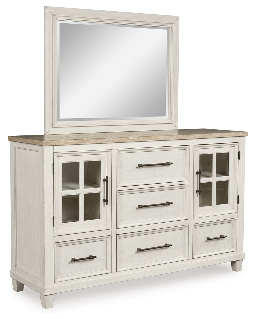 Shaybrock Antique White/Brown Queen Panel Bed, Dresser and Mirror