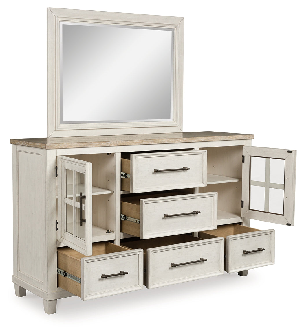Shaybrock Antique White/Brown Queen Panel Bed, Dresser and Mirror