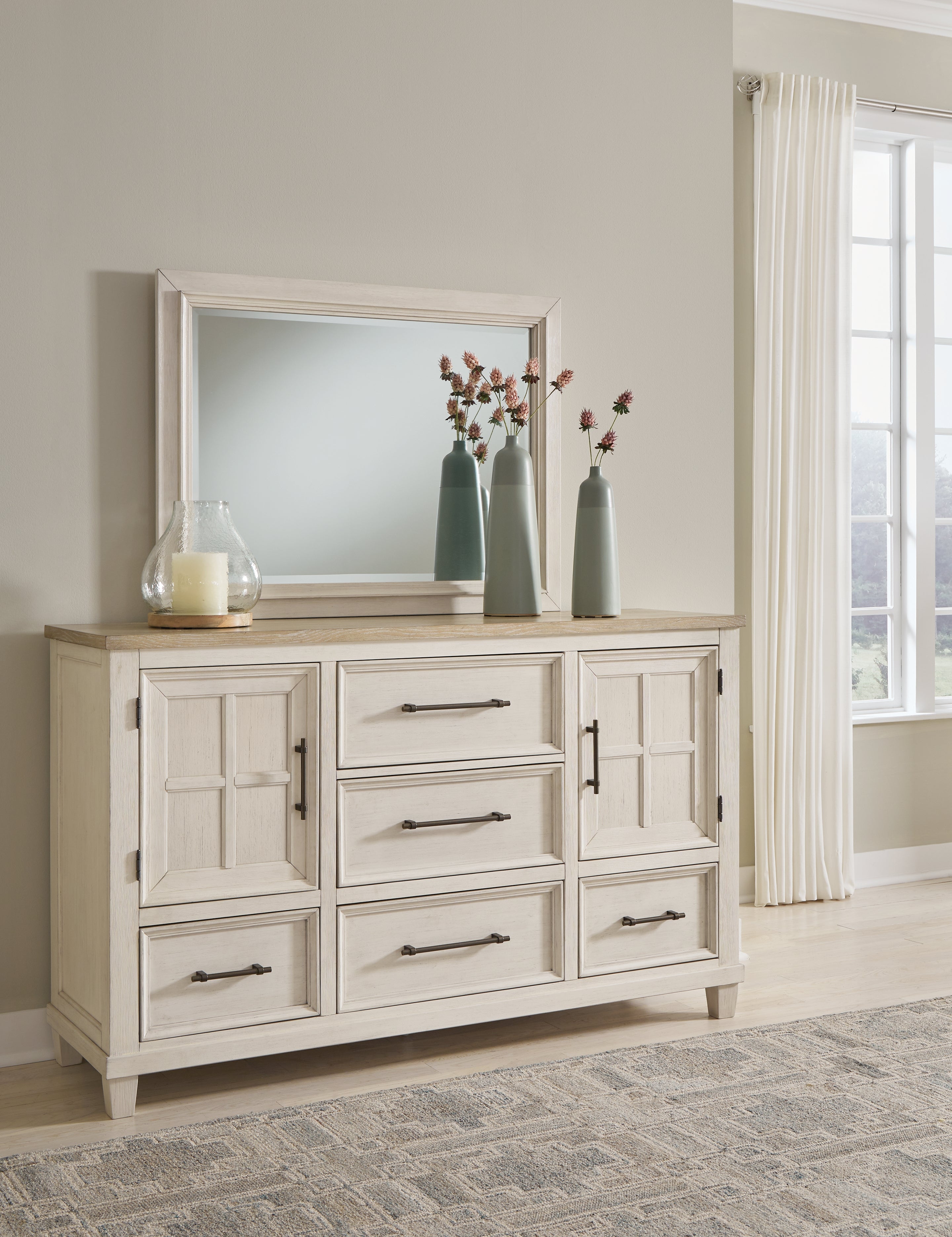 Shaybrock Antique White/Brown Queen Panel Bed, Dresser and Mirror