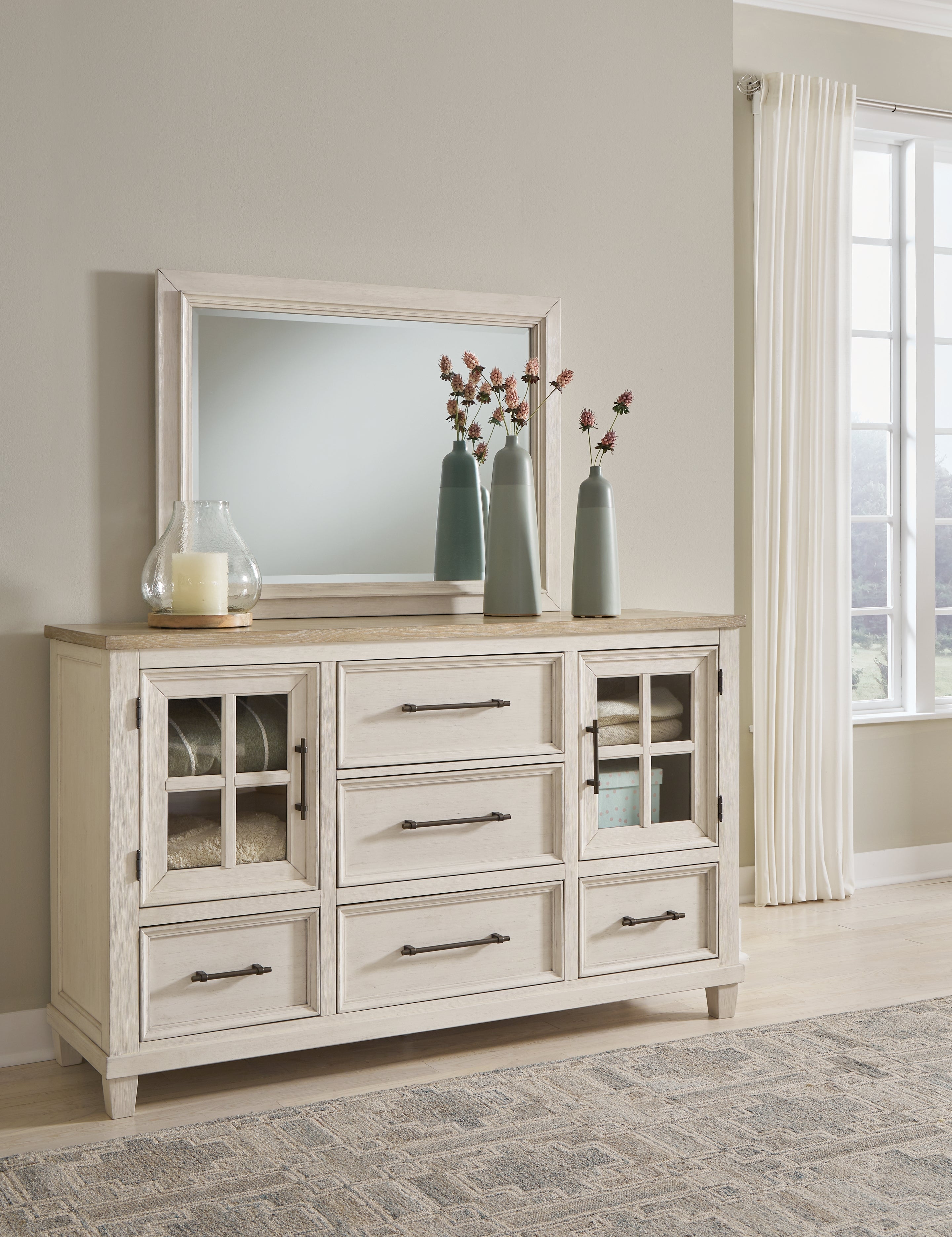 Shaybrock Antique White/Brown Queen Panel Bed, Dresser and Mirror