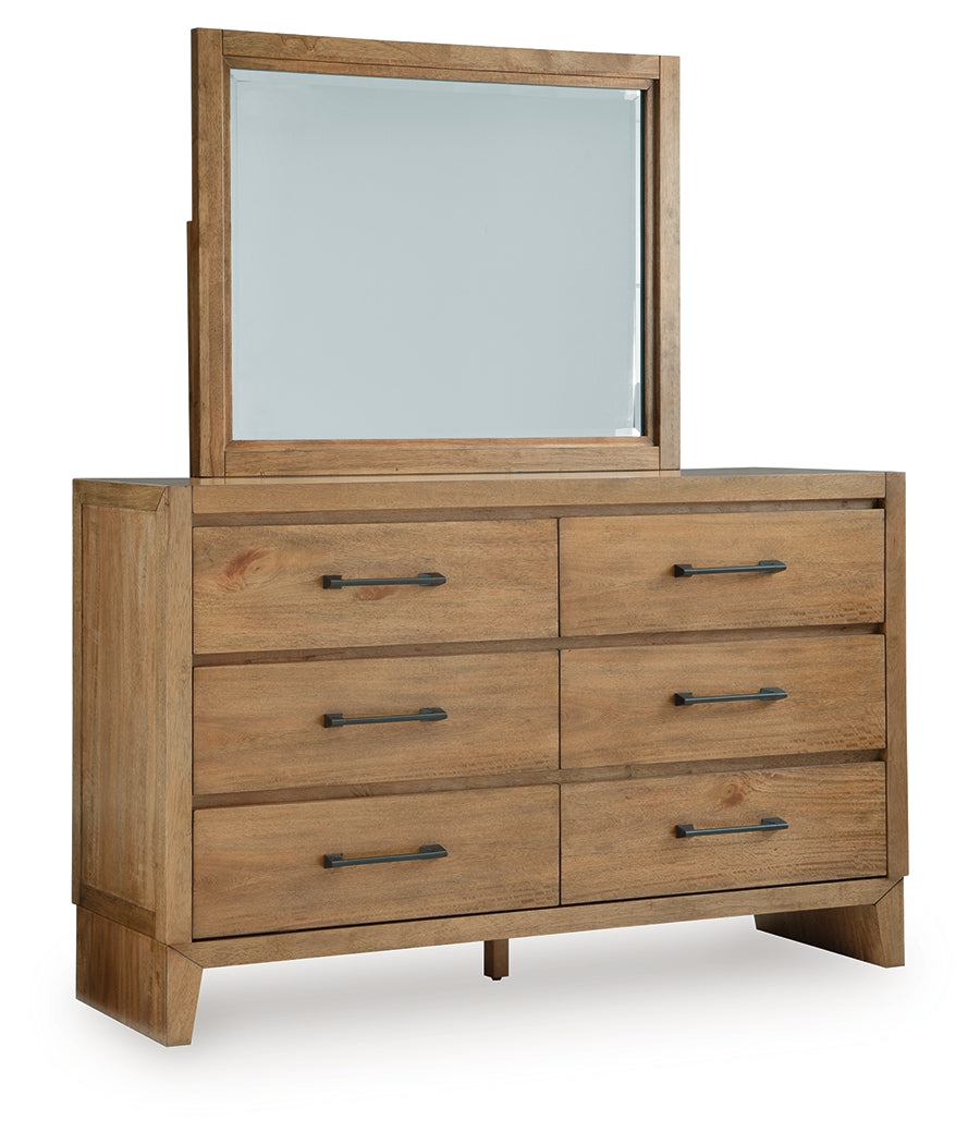 Sherbana Light Brown Queen Panel Bed, Dresser and Mirror