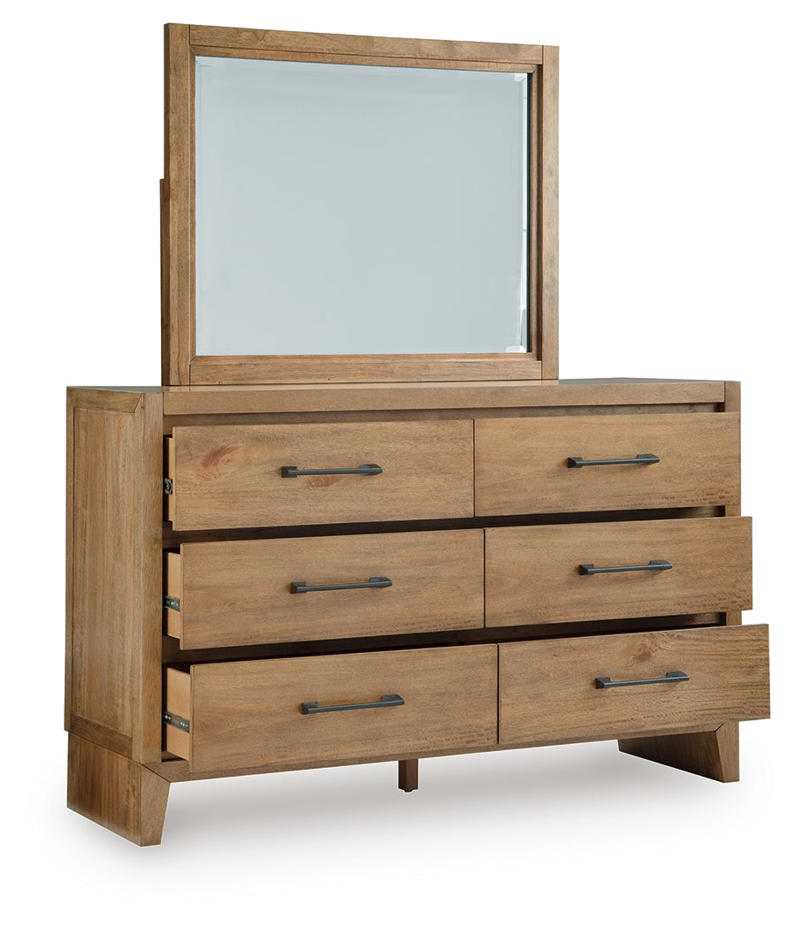 Sherbana Light Brown Queen Panel Bed, Dresser and Mirror
