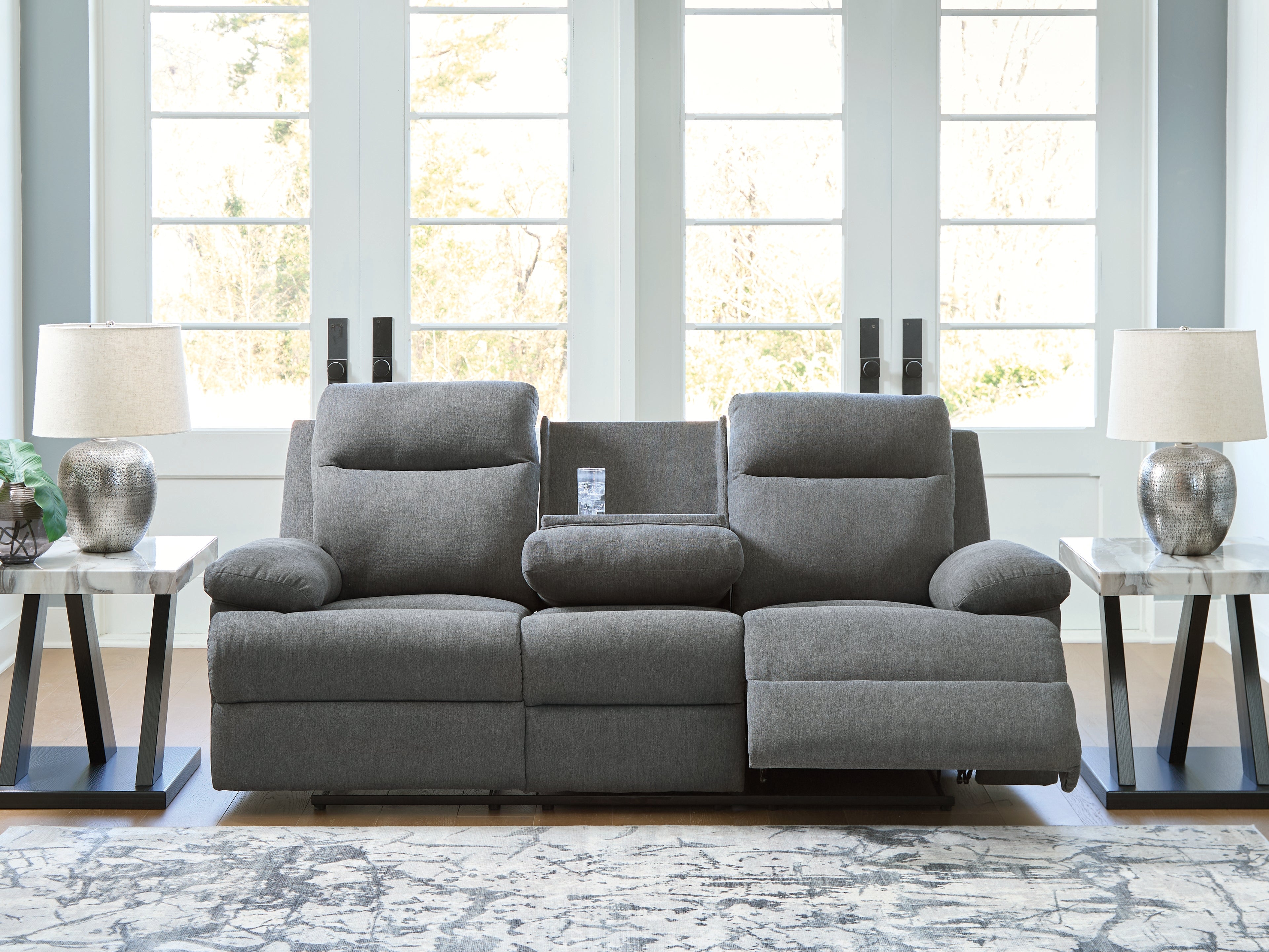 Side-Swipe Charcoal REC Sofa w/Drop Down Table