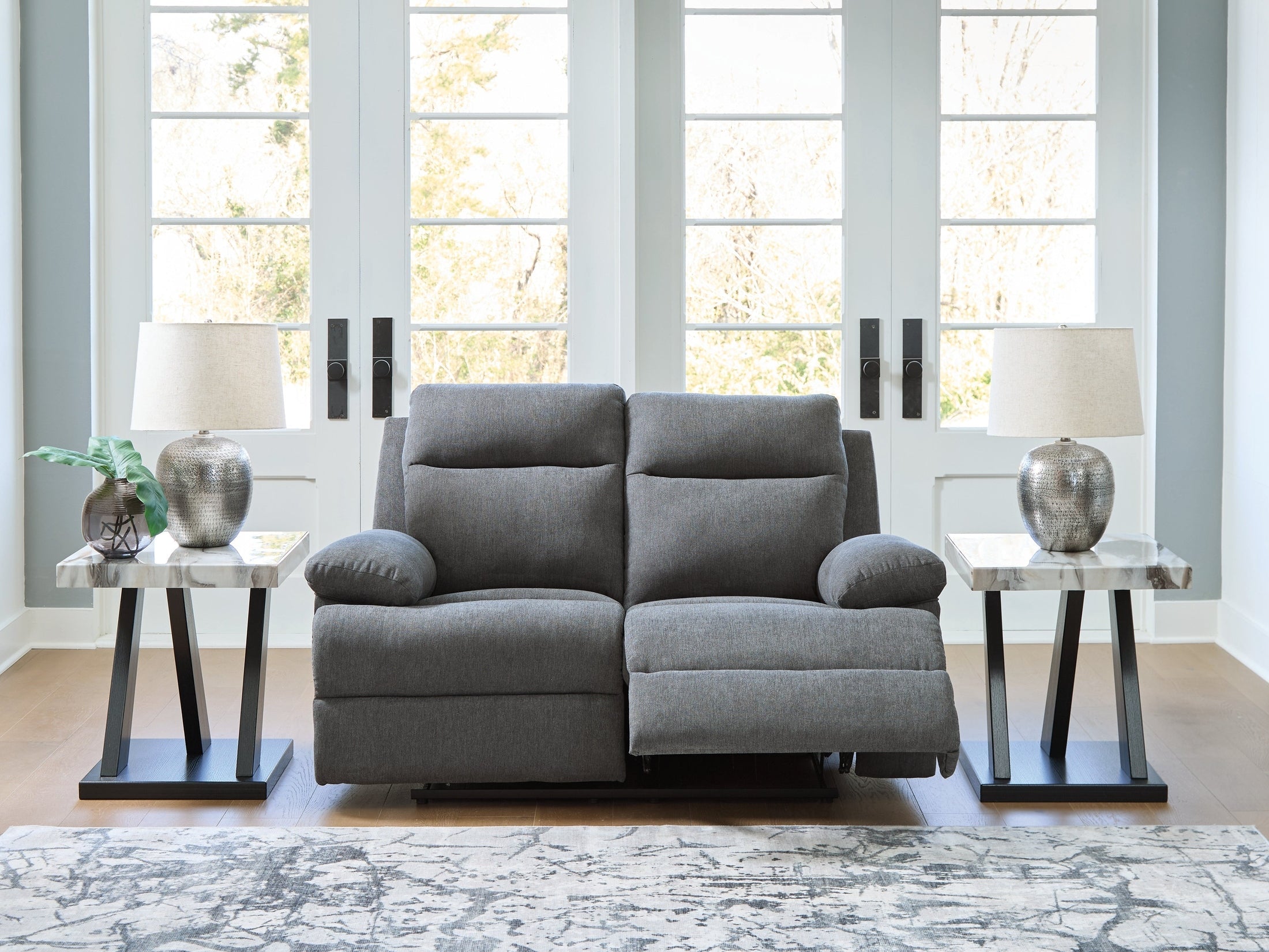 Side-Swipe Charcoal Reclining Loveseat