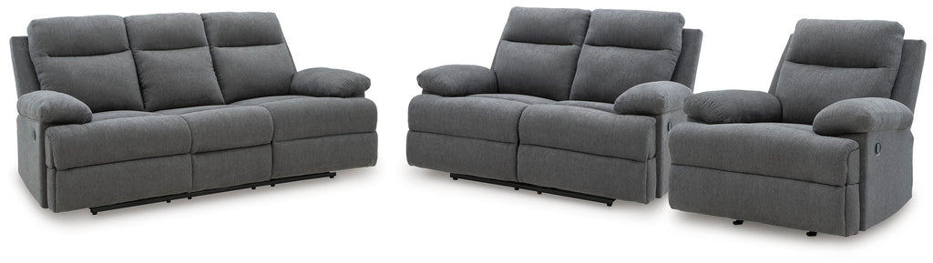 Side-Swipe Charcoal Reclining Sofa, Loveseat and Recliner