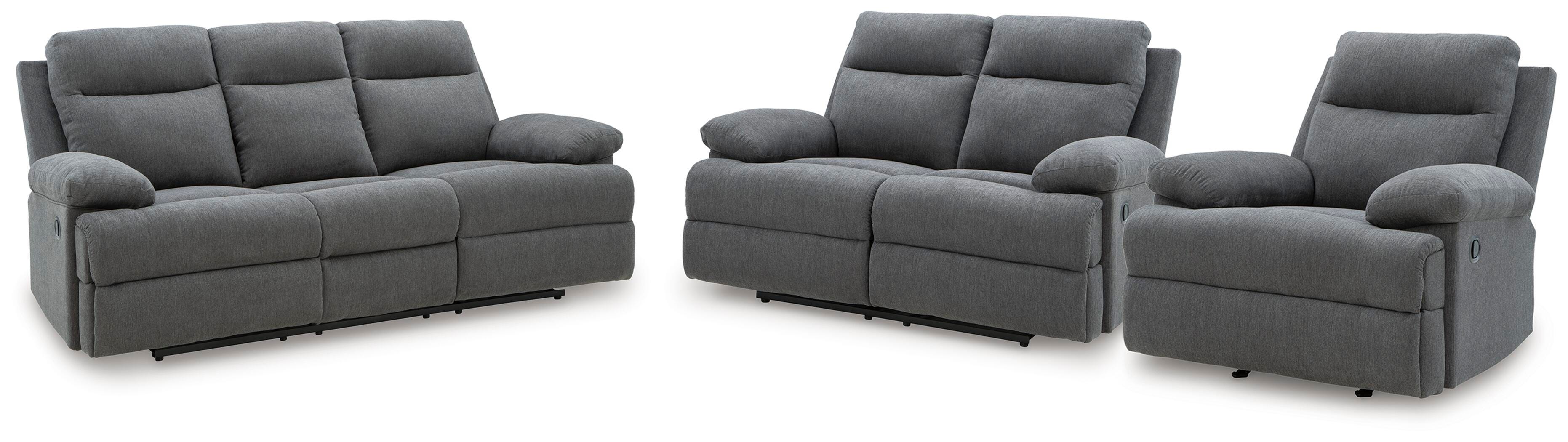 Side-Swipe Charcoal Reclining Sofa, Loveseat and Recliner