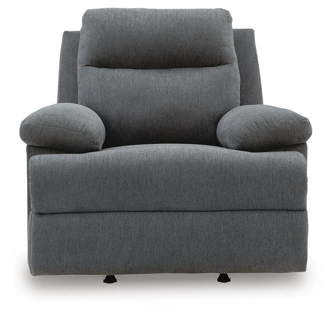 Side-Swipe Charcoal Reclining Sofa, Loveseat and Recliner