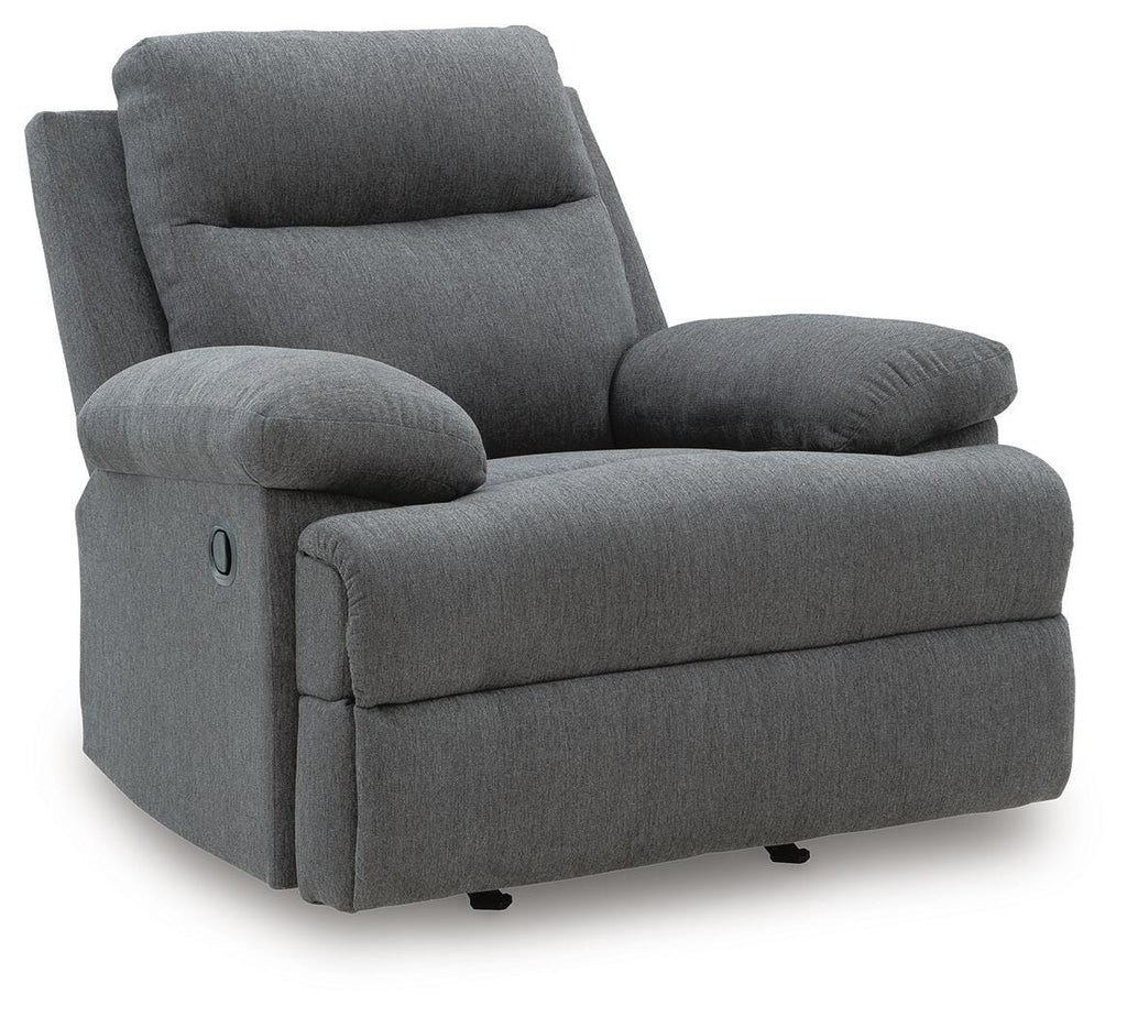 Side-Swipe Charcoal Reclining Sofa, Loveseat and Recliner