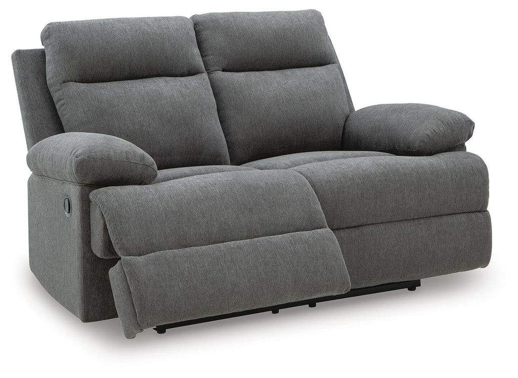 Side-Swipe Charcoal Reclining Sofa, Loveseat and Recliner