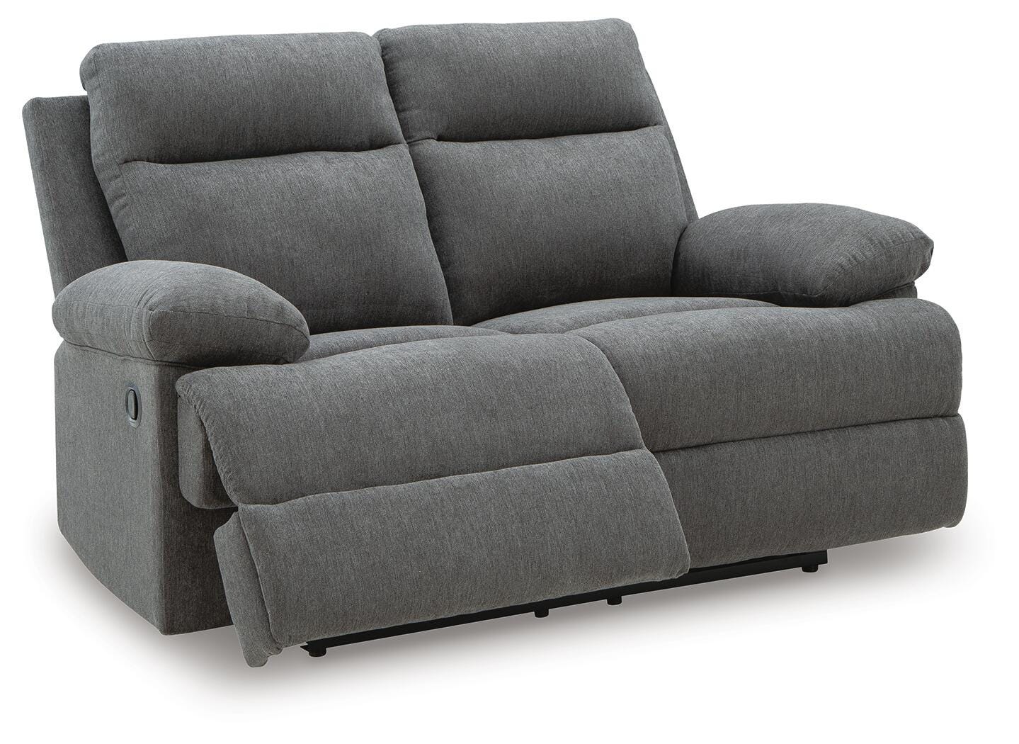 Side-Swipe Charcoal Reclining Sofa, Loveseat and Recliner