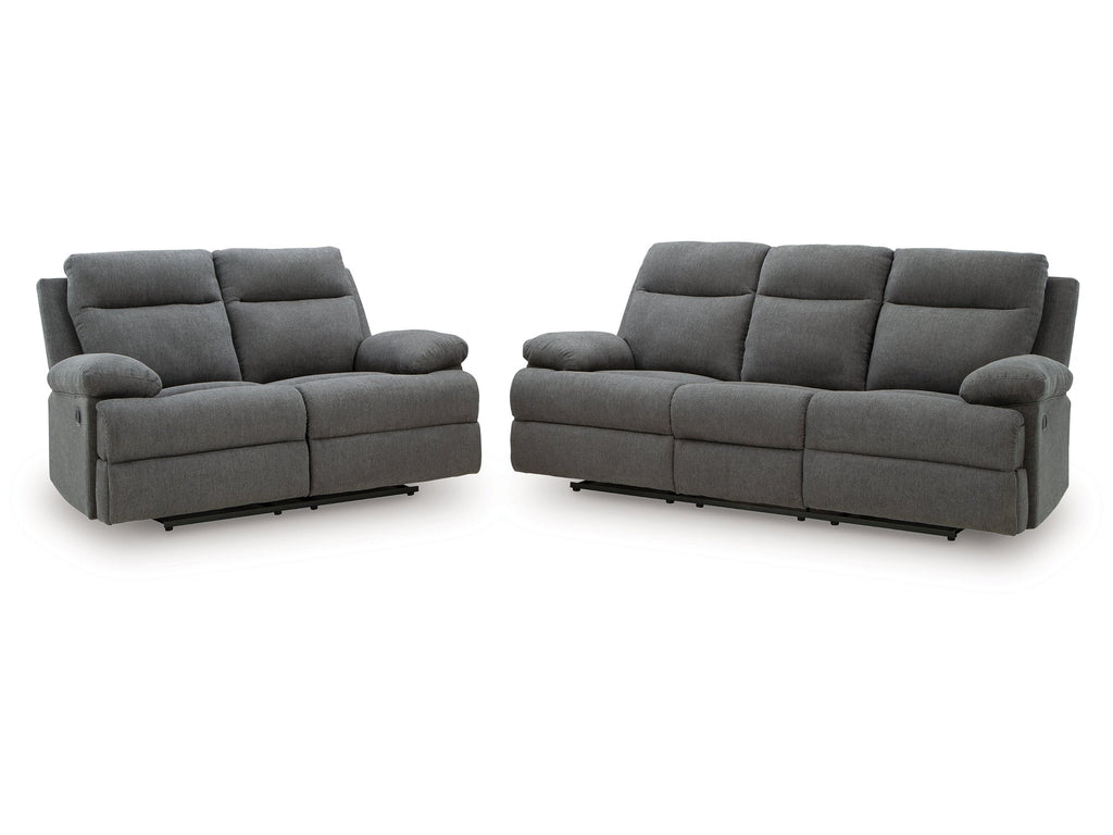 Side-Swipe Charcoal Reclining Sofa and Loveseat