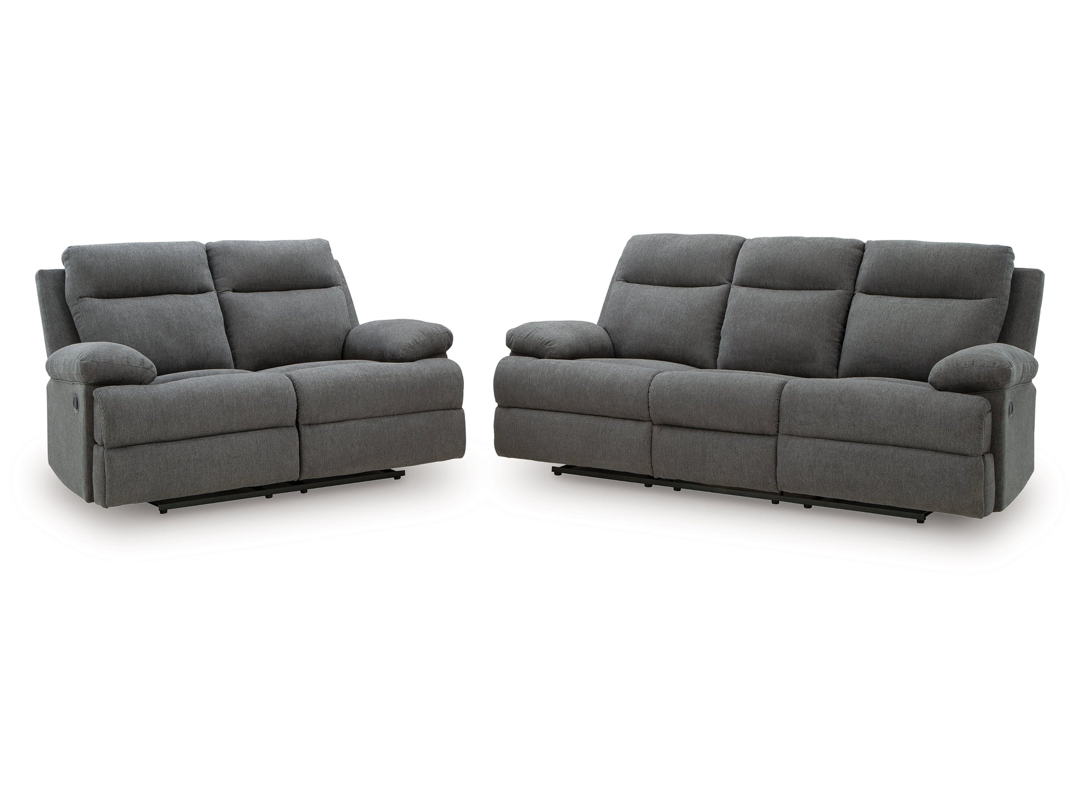 Side-Swipe Charcoal Reclining Sofa and Loveseat