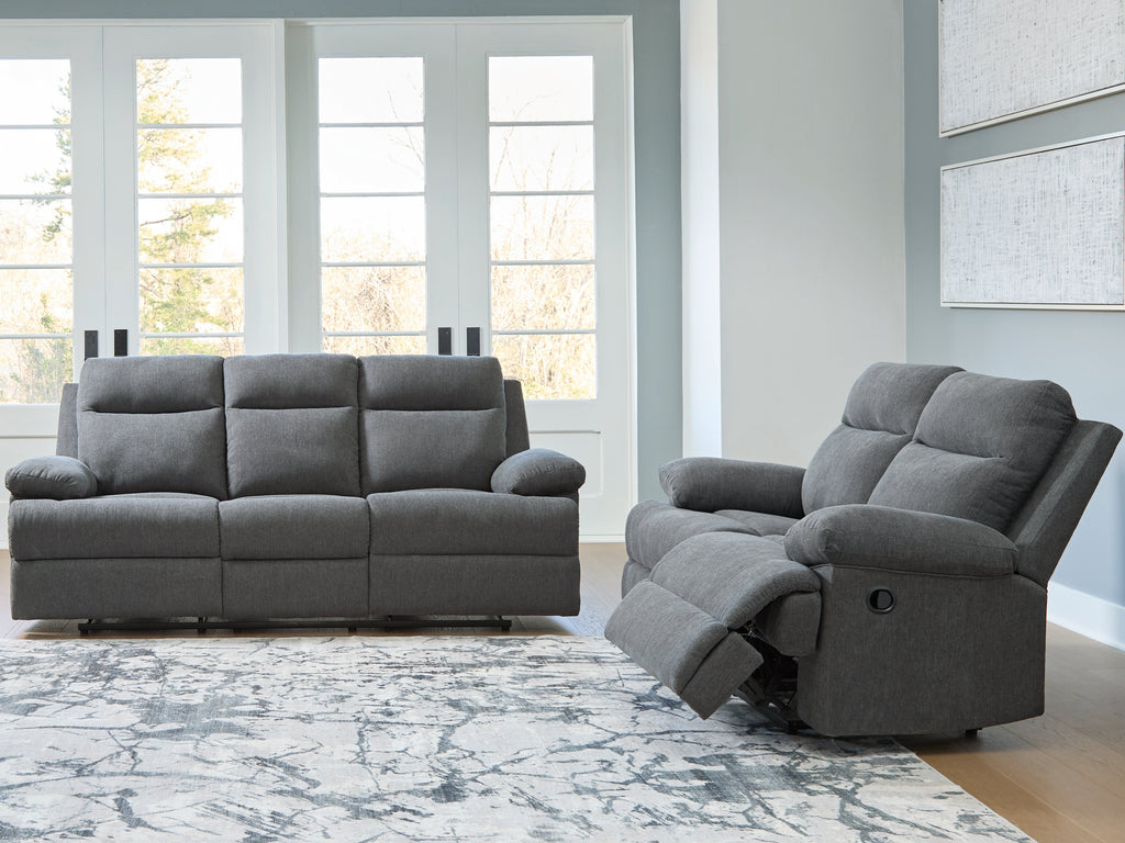 Side-Swipe Charcoal Reclining Sofa and Loveseat