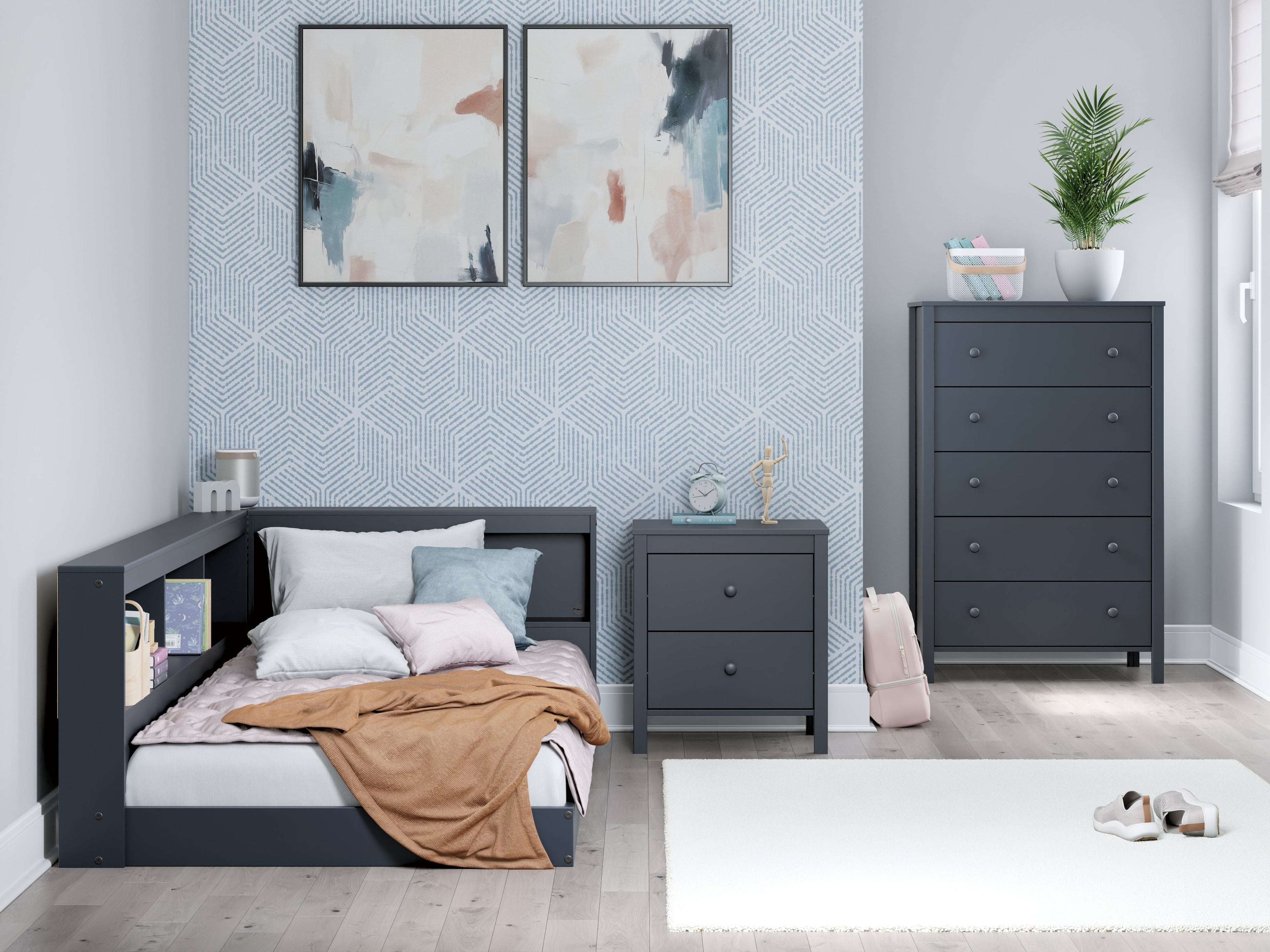 Simmenfort Navy Blue Twin Bookcase Storage Youth Bed