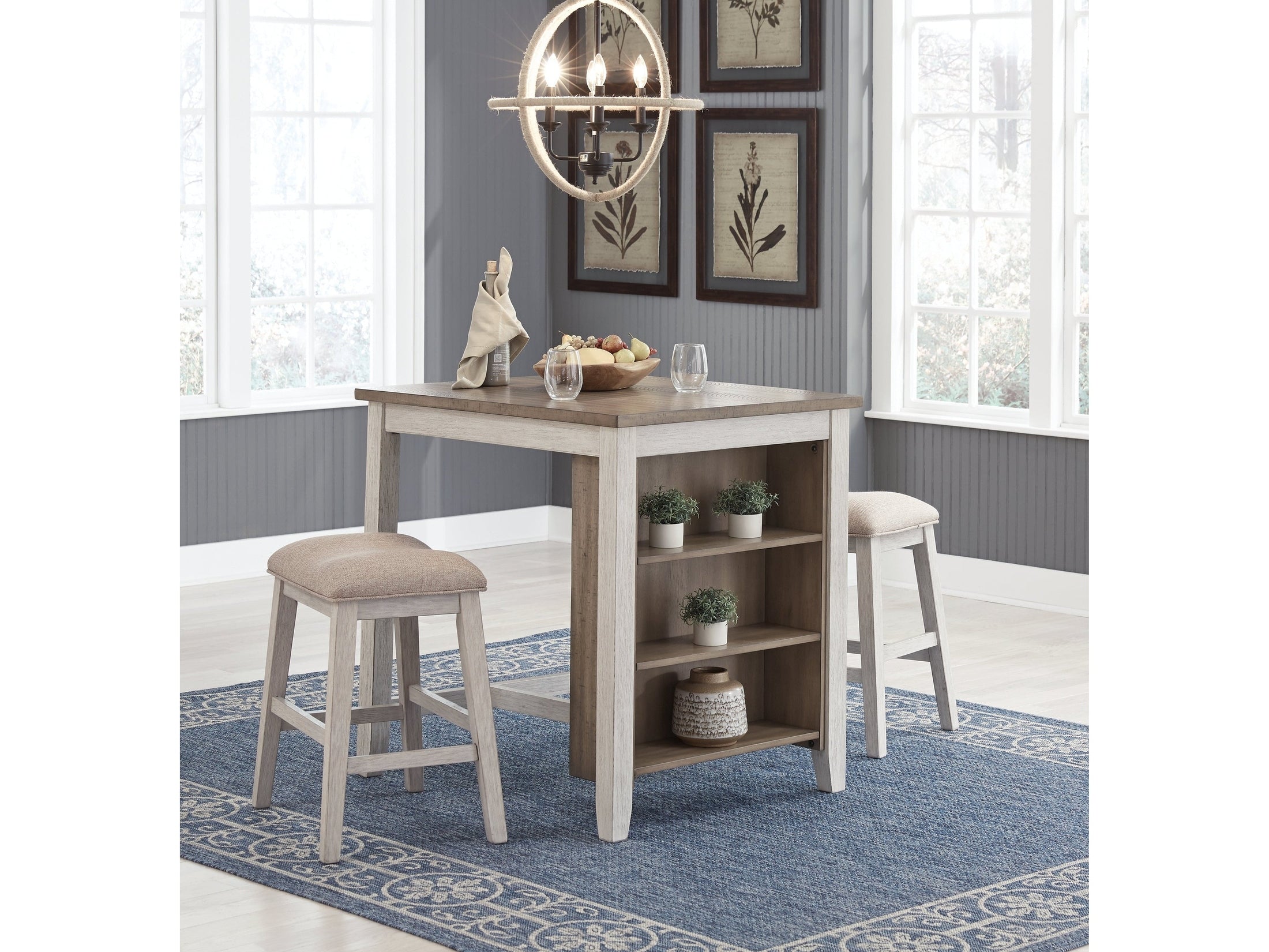 Skempton /Light Brown Counter Height Dining Table & 2 Bar Stools, White