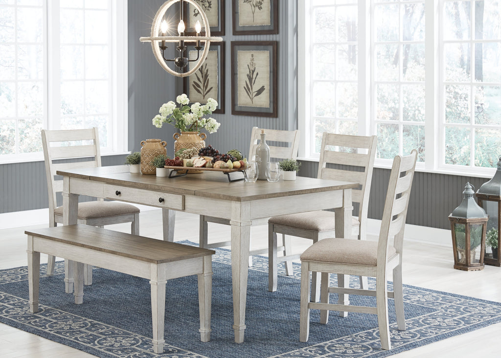Skempton /Light Brown Dining Table, 4 Chairs, and Bench, White