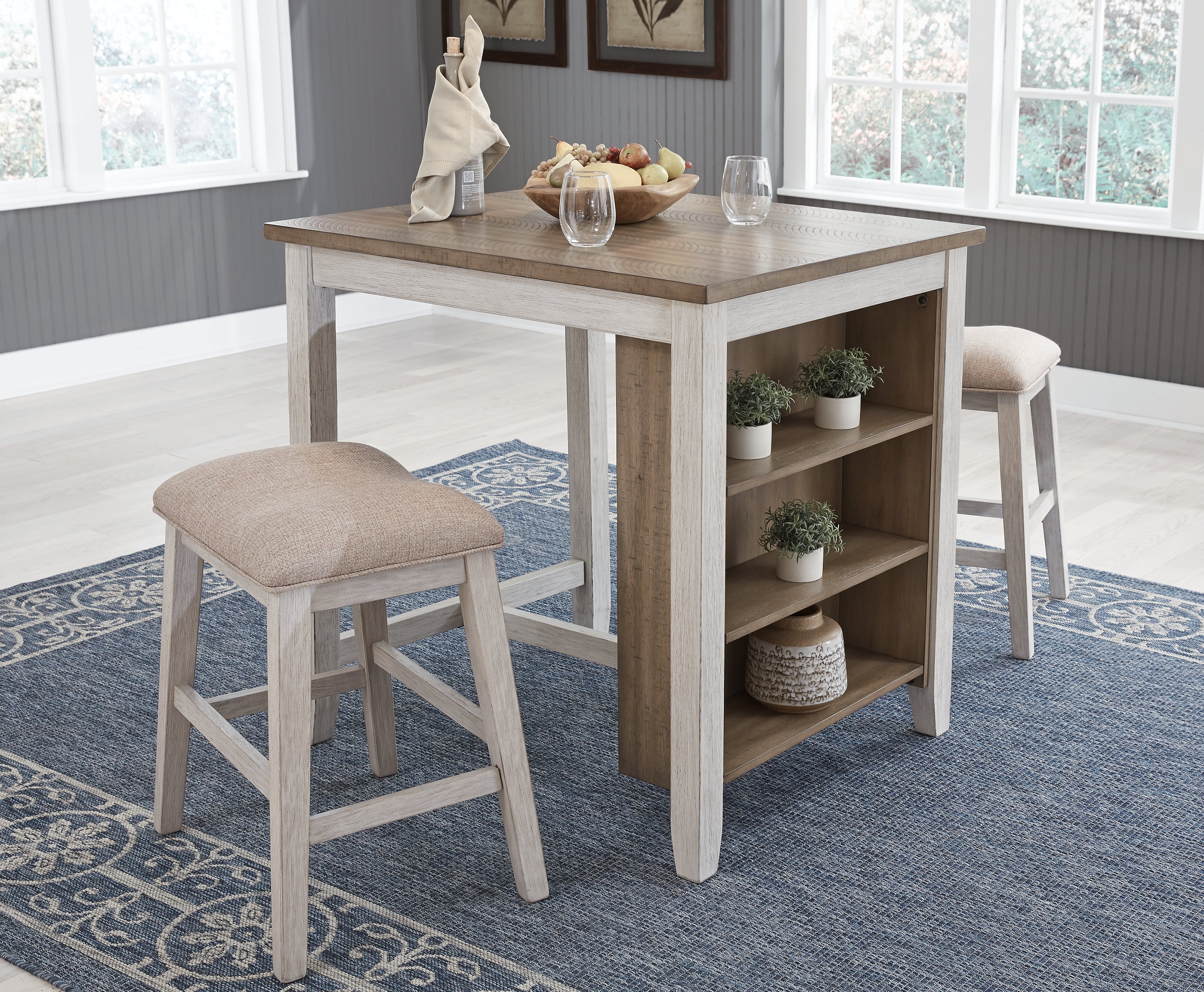 Skempton /Light Brown Counter Height Dining Table & 2 Bar Stools, White
