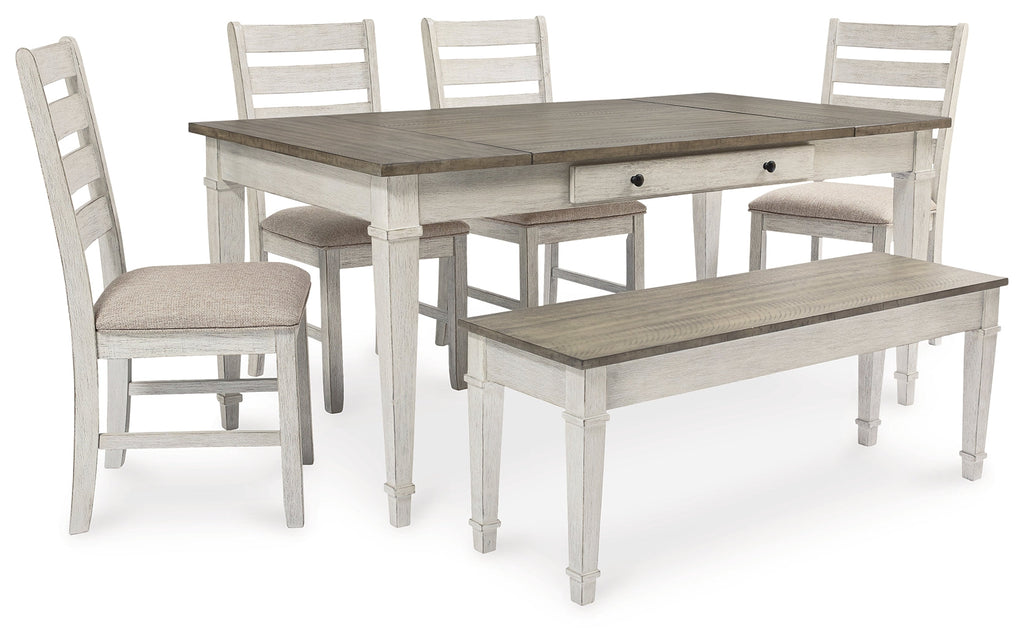 Skempton /Light Brown Dining Table, 4 Chairs, and Bench, White