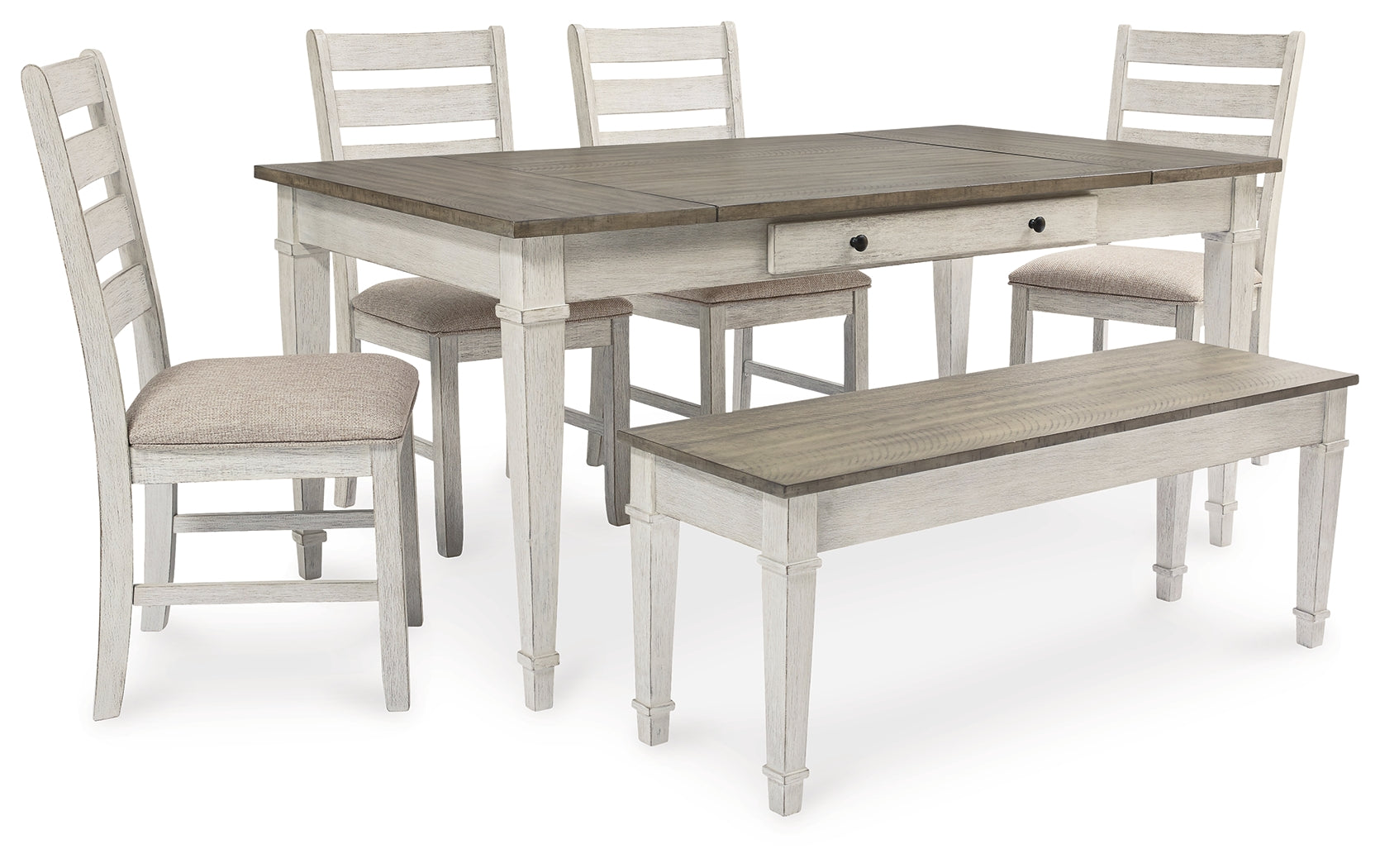 Skempton /Light Brown Dining Table, 4 Chairs, and Bench, White