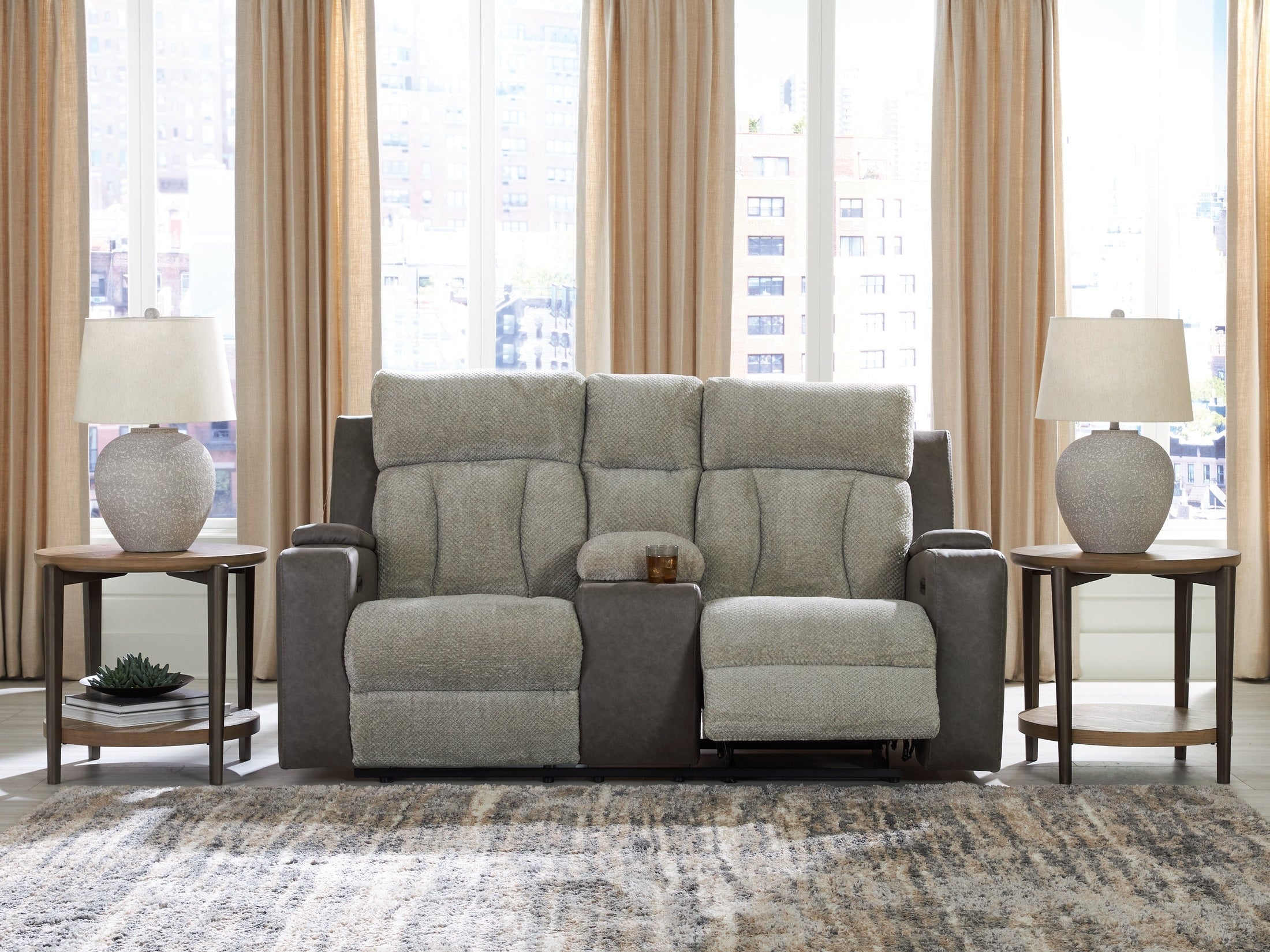 Stately Check Sisal Dual Power Reclining Loveseat with Console