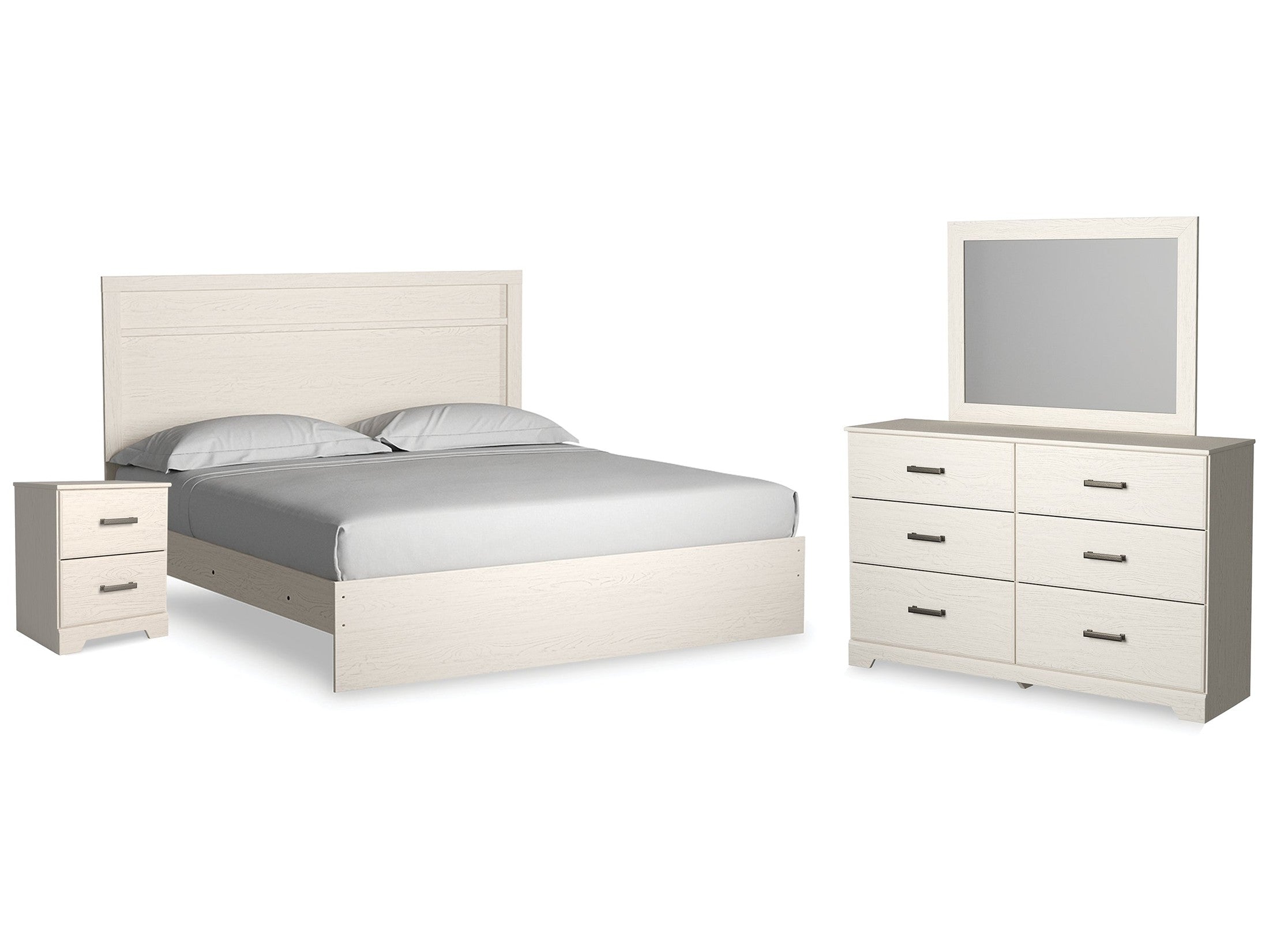 Stelsie White King Panel Bed w/Dresser & Mirror & Nightstand