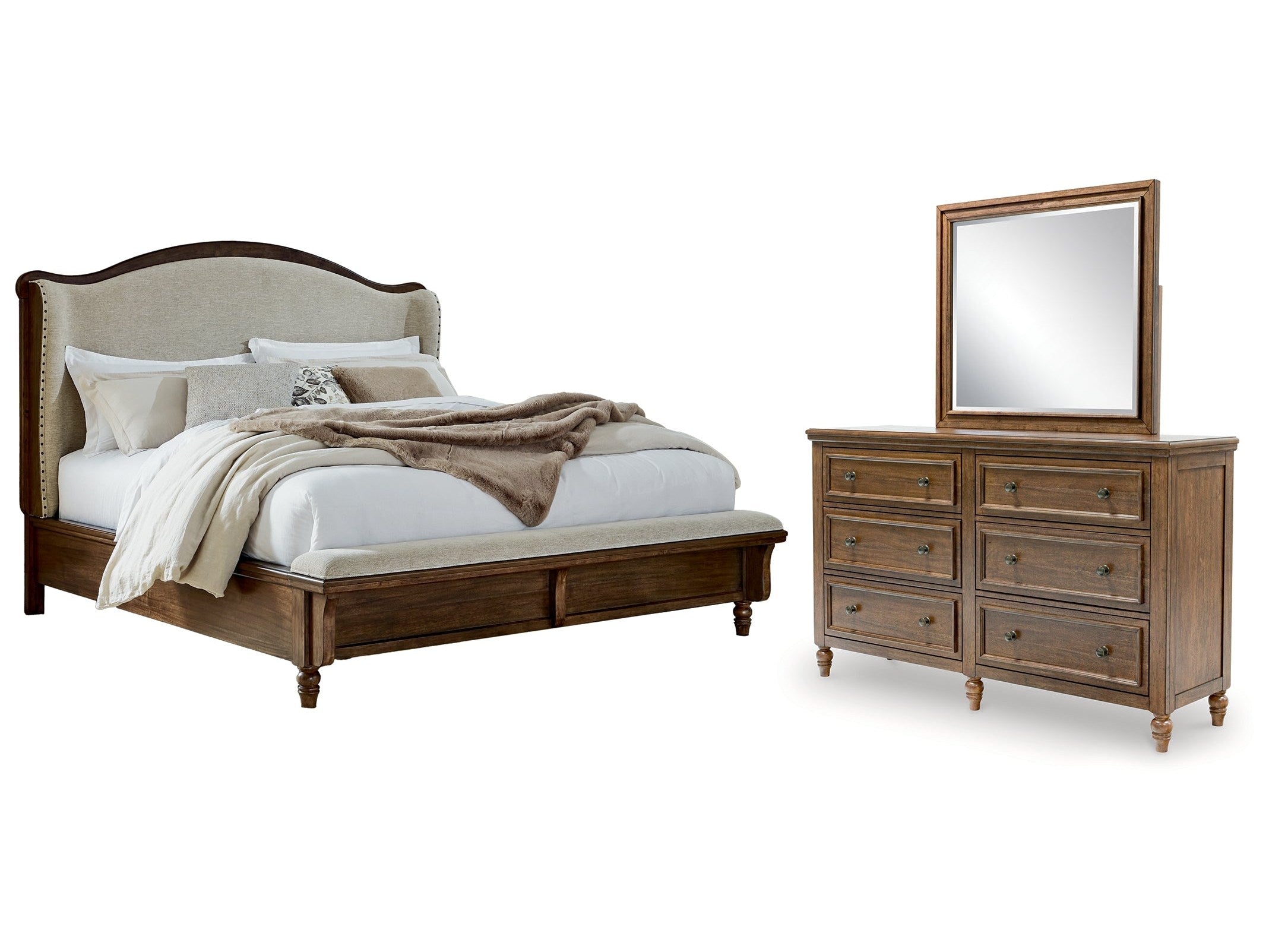 Sturlayne Brown Queen Upholstered Panel Bed & Dresser & Mirror