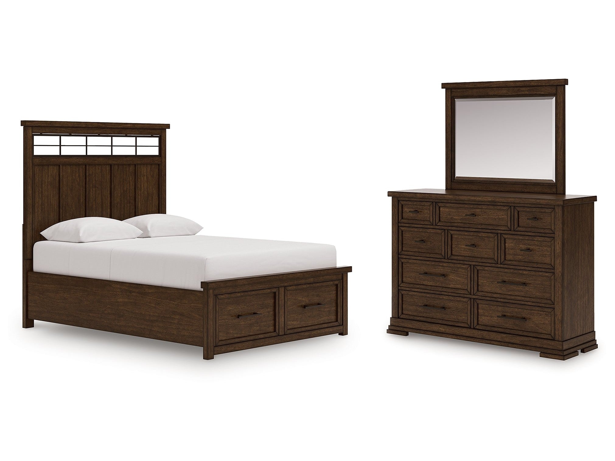 Taffenbrook Medium Brown Queen Panel Storage Bed, Dresser and Mirror