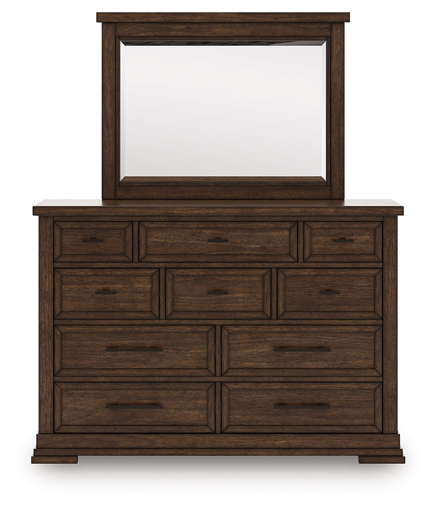 Taffenbrook Medium Brown Queen Panel Storage Bed, Dresser and Mirror