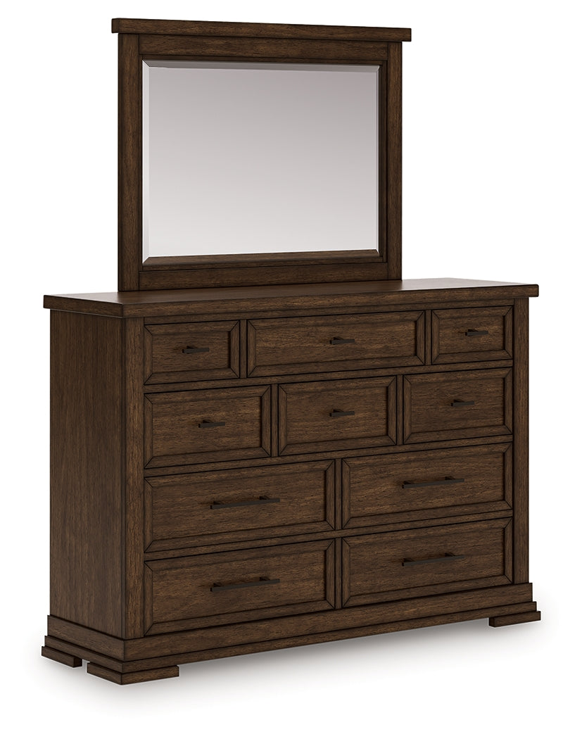 Taffenbrook Medium Brown Queen Panel Storage Bed, Dresser and Mirror