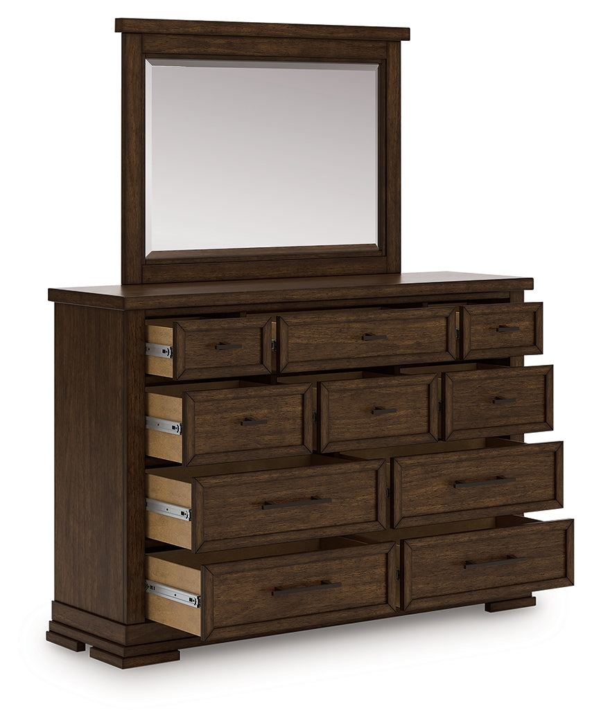 Taffenbrook Medium Brown Queen Panel Storage Bed, Dresser and Mirror