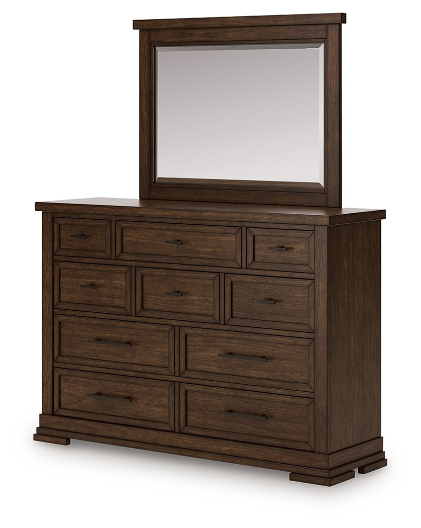 Taffenbrook Medium Brown Queen Panel Storage Bed, Dresser and Mirror