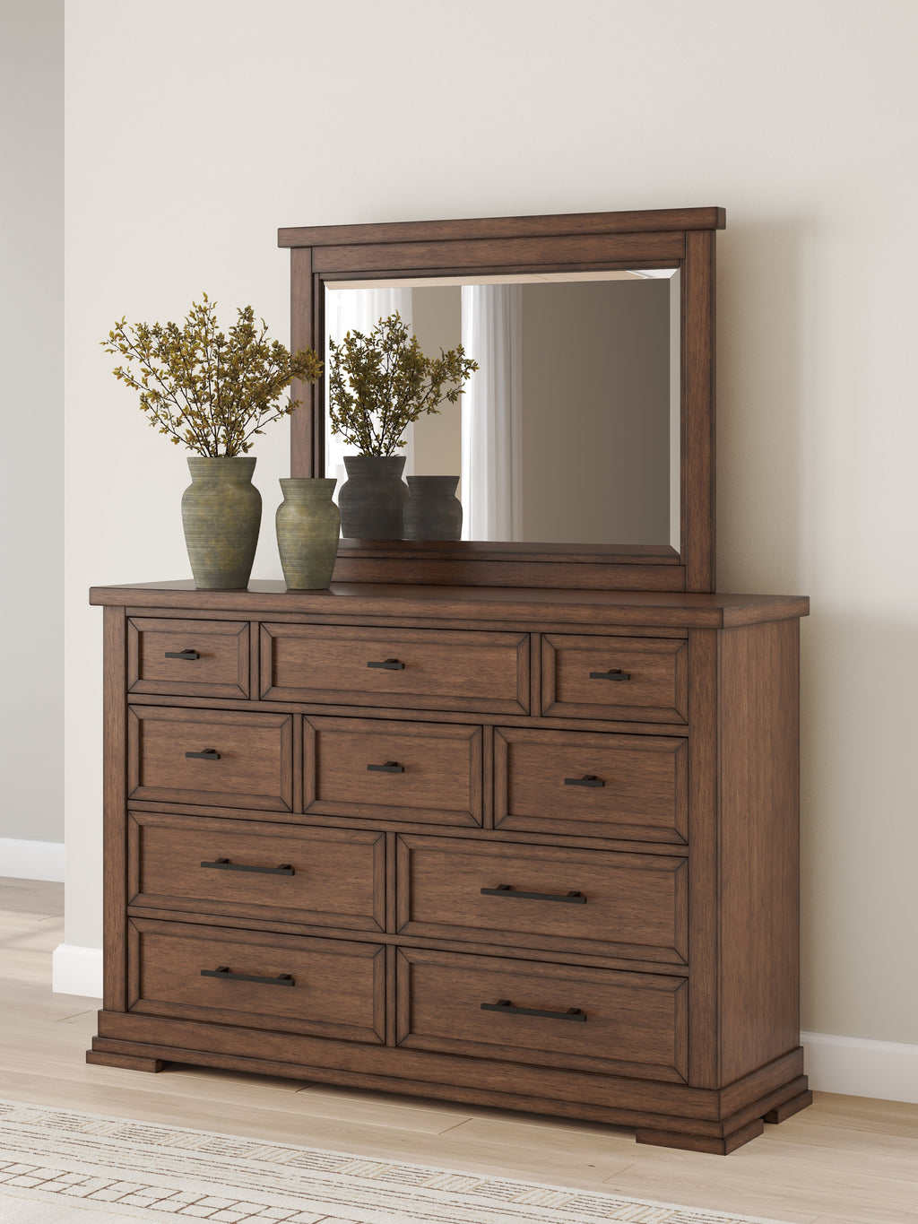 Taffenbrook Medium Brown Queen Panel Storage Bed, Dresser and Mirror