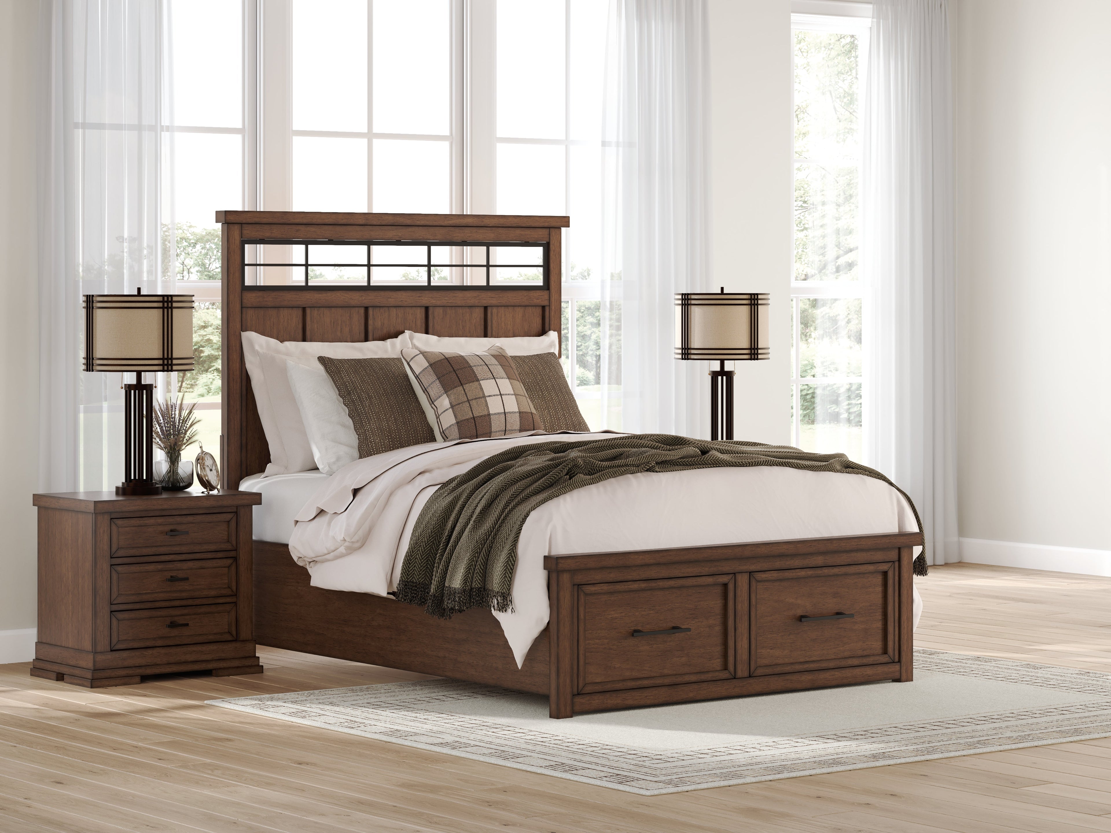 Taffenbrook Medium Brown Queen Panel Storage Bed, Dresser and Mirror